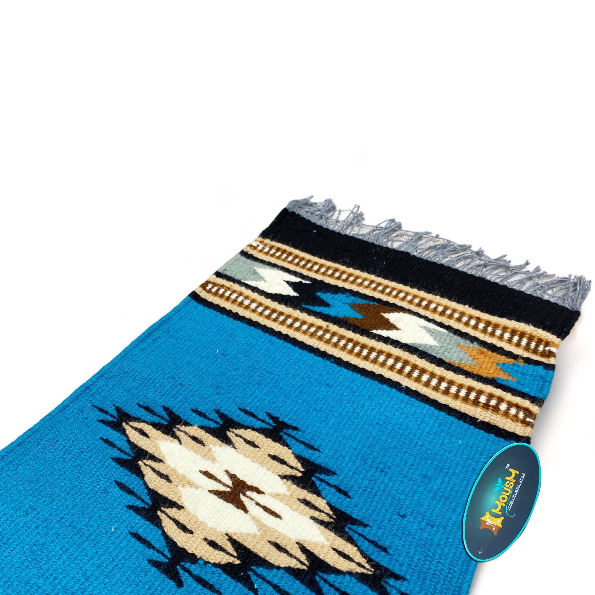 MOUSM Handwoven Cotton Table Runner – Southwestern Rustic Décor, Blue Geometric Boho Table Accent, Farmhouse Dining Textile with Fringed Edges.