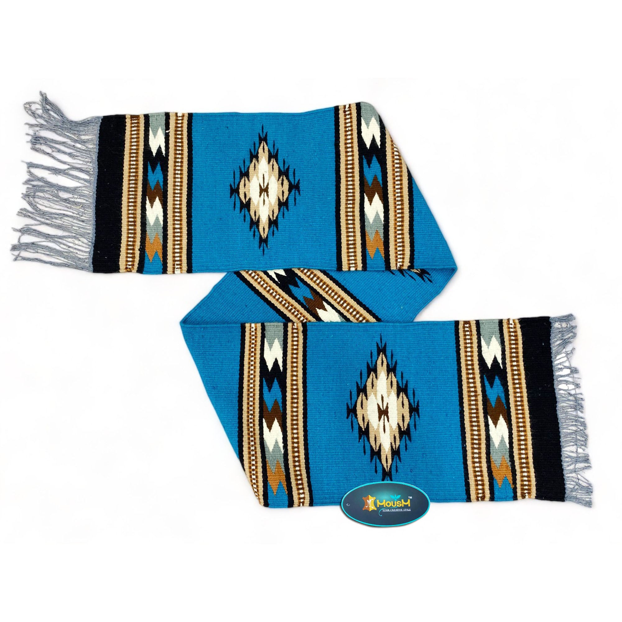 MOUSM Handwoven Cotton Table Runner – Southwestern Rustic Décor, Blue Geometric Boho Table Accent, Farmhouse Dining Textile with Fringed Edges.