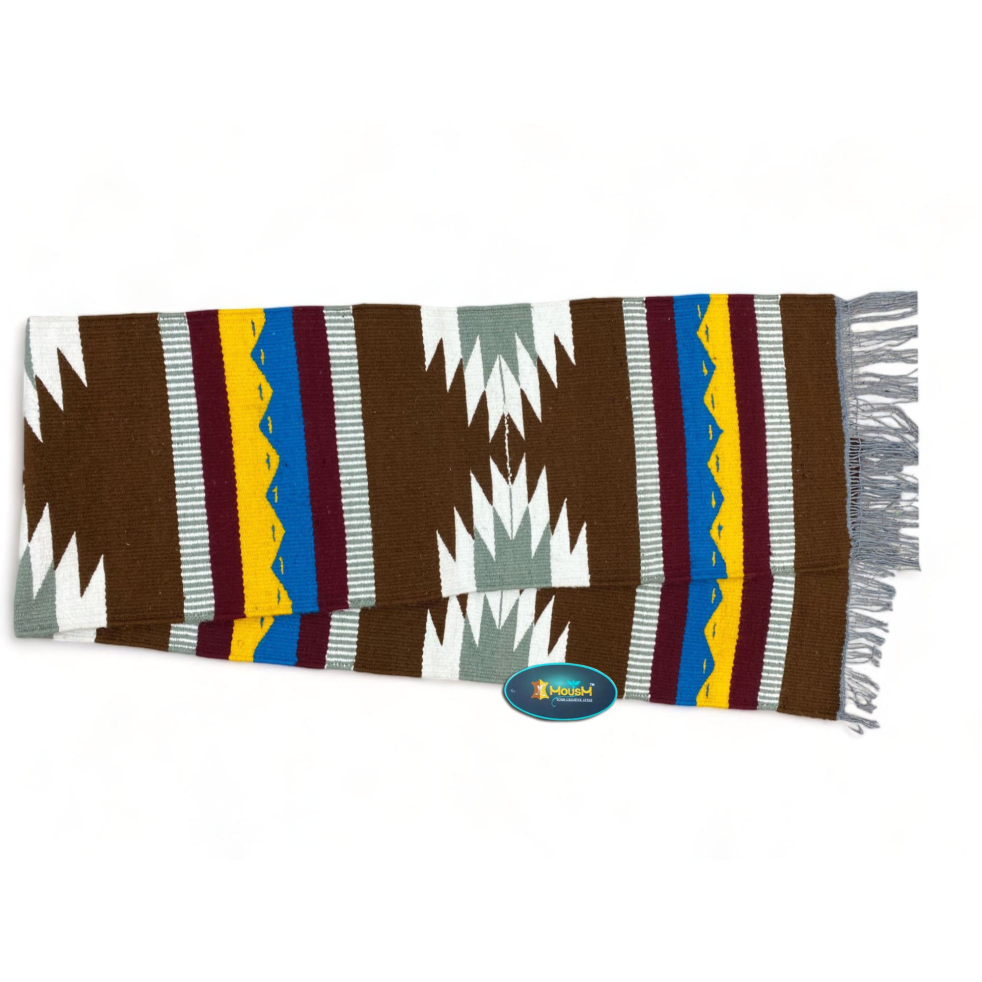 MOUSM Handwoven Cotton Table Runner – Southwestern Rustic Décor, Brown Geometric Boho Table Accent, Farmhouse Dining Textile with Fringed Edges.