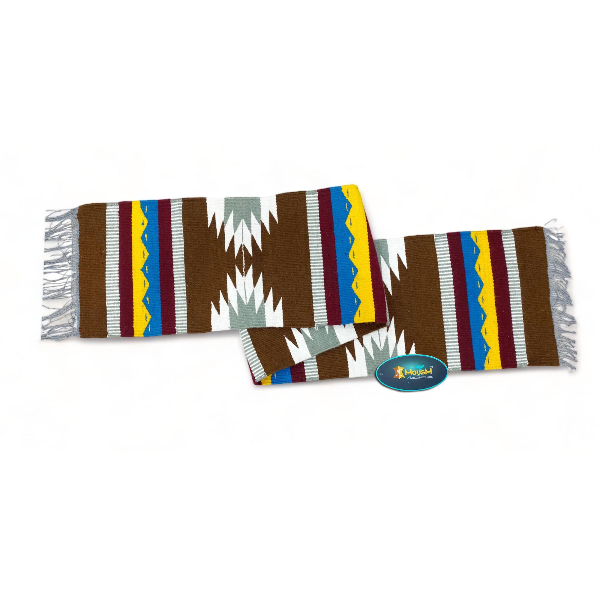 MOUSM Handwoven Cotton Table Runner – Southwestern Rustic Décor, Brown Geometric Boho Table Accent, Farmhouse Dining Textile with Fringed Edges.