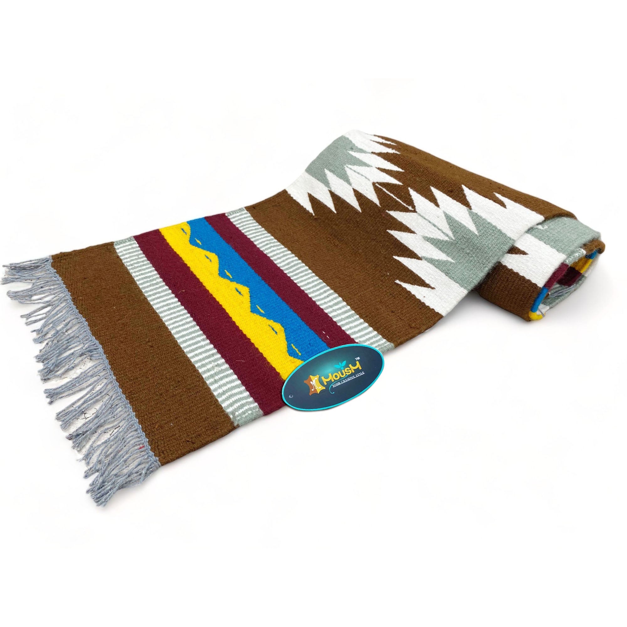 MOUSM Handwoven Cotton Table Runner – Southwestern Rustic Décor, Brown Geometric Boho Table Accent, Farmhouse Dining Textile with Fringed Edges.