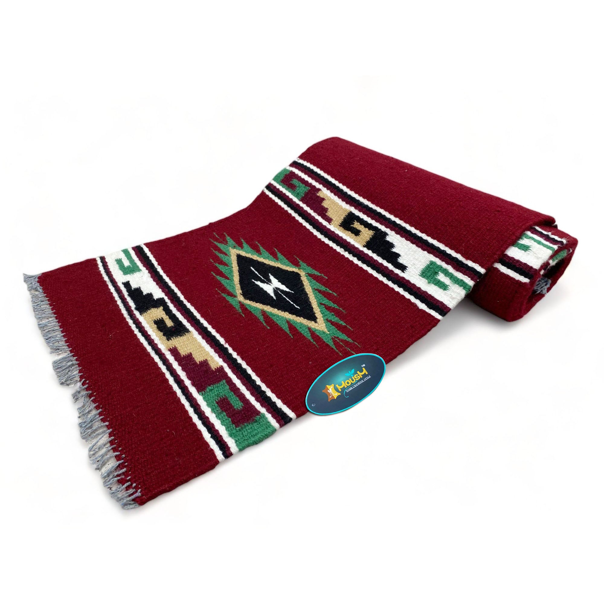 MOUSM Handwoven Cotton Table Runner – Red Southwestern Rustic Décor, Geometric Boho Table Accent, Farmhouse Dining Textile with Fringed Edges.