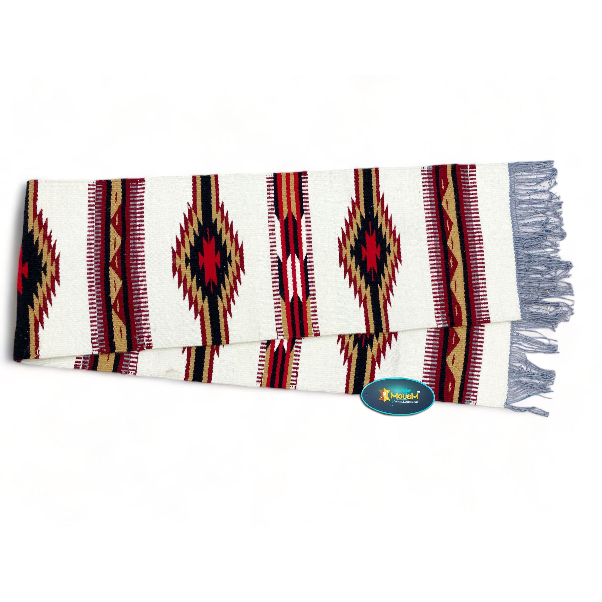 MOUSM Handwoven Cotton Table Runner – Southwestern Rustic Décor, Beige Geometric Boho Table Accent, Farmhouse Dining Textile with Fringed Edges.