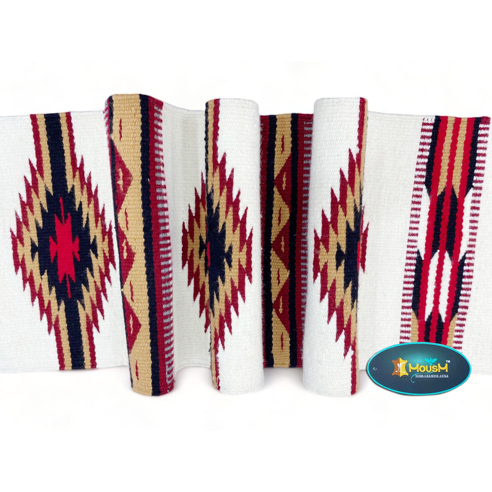 MOUSM Handwoven Cotton Table Runner – Southwestern Rustic Décor, Beige Geometric Boho Table Accent, Farmhouse Dining Textile with Fringed Edges.