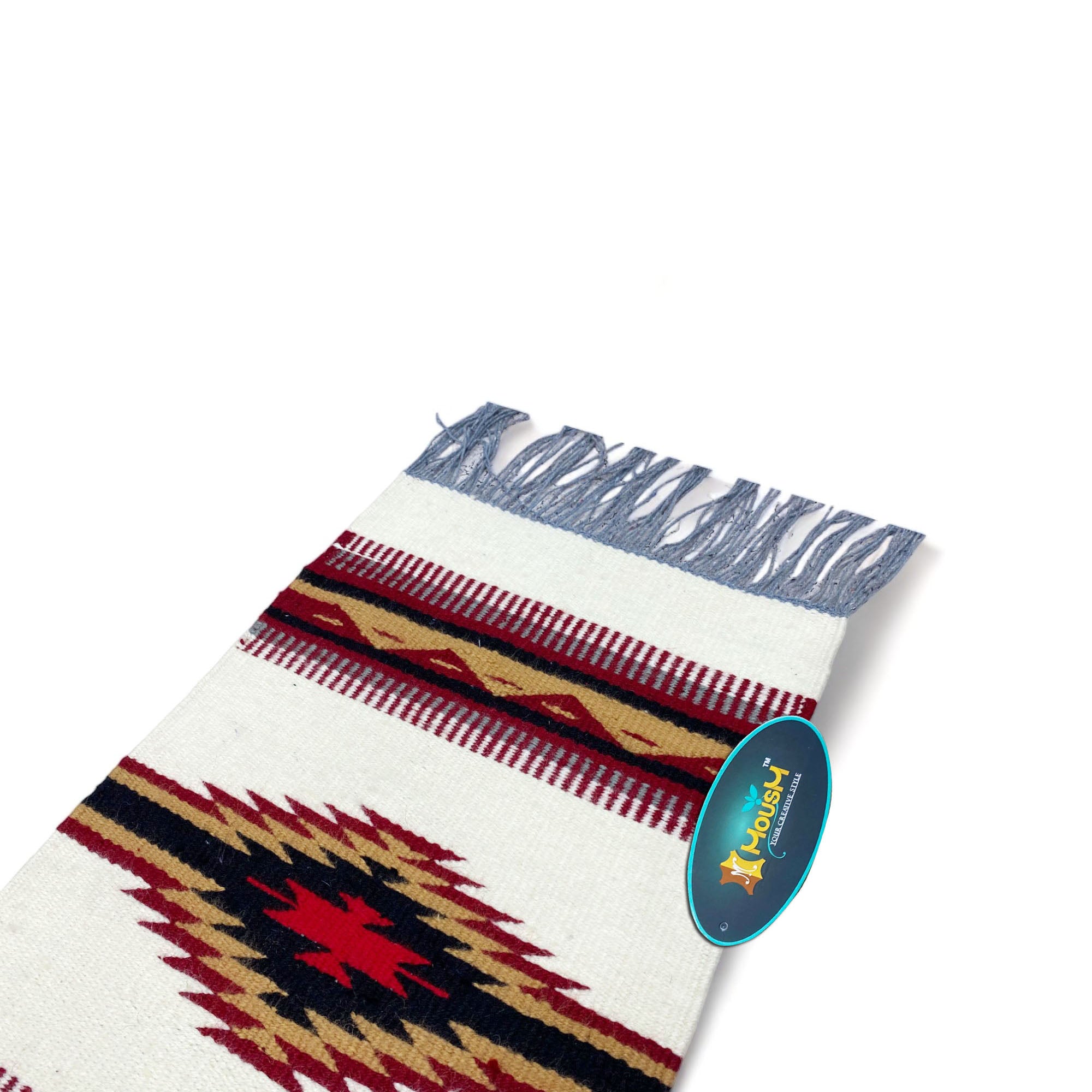 MOUSM Handwoven Cotton Table Runner – Southwestern Rustic Décor, Beige Geometric Boho Table Accent, Farmhouse Dining Textile with Fringed Edges.
