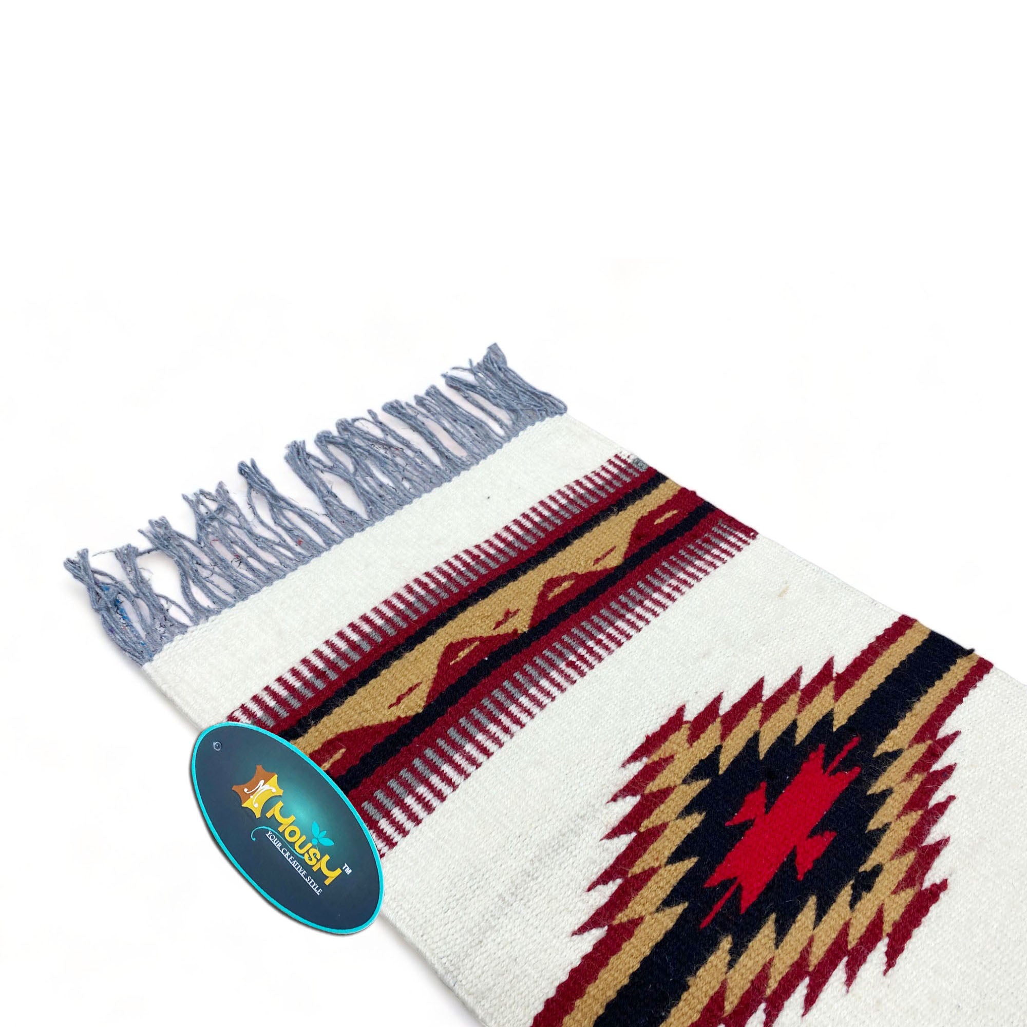 MOUSM Handwoven Cotton Table Runner – Southwestern Rustic Décor, Beige Geometric Boho Table Accent, Farmhouse Dining Textile with Fringed Edges.