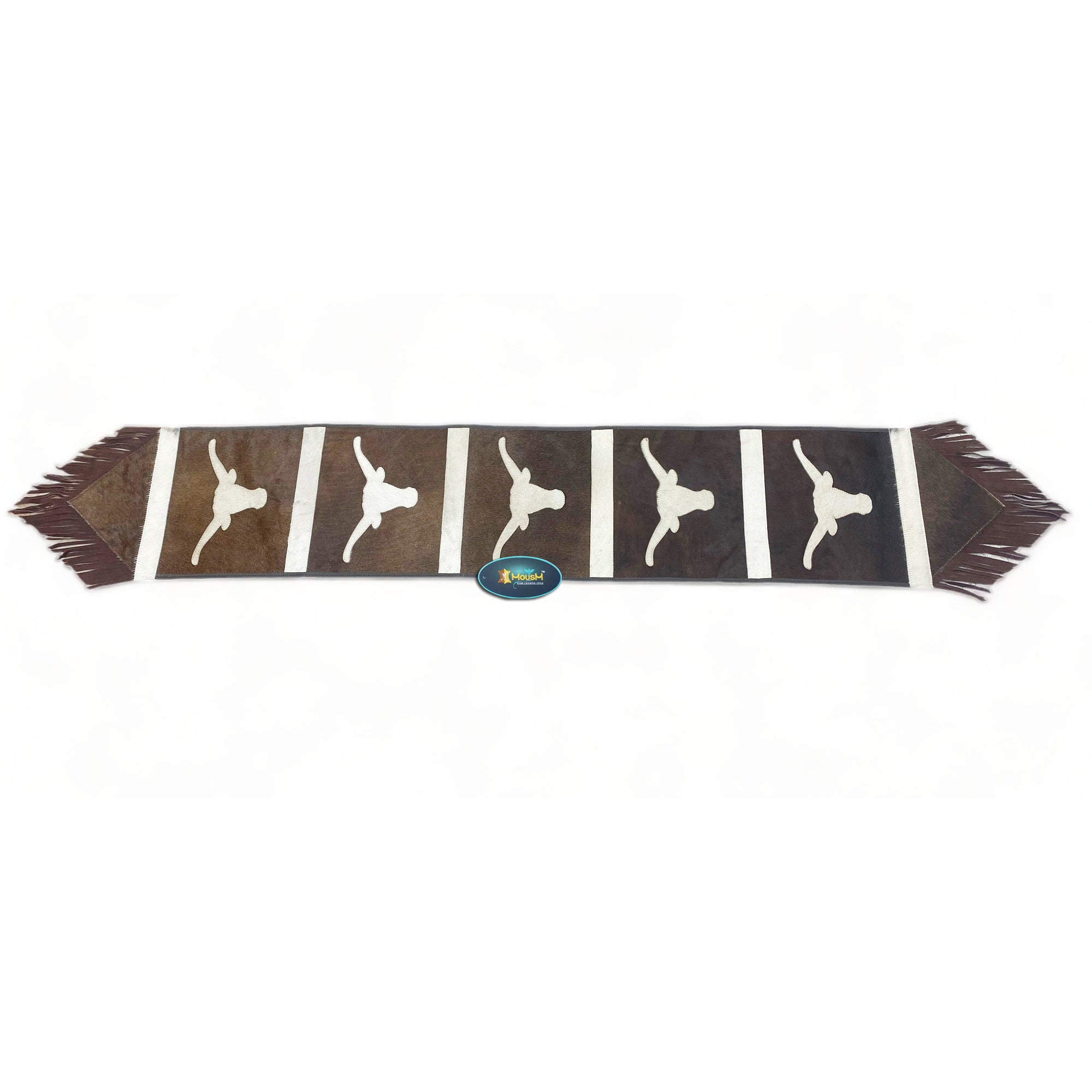 MOUSM Real Cowhide Leather Table Runner 72” with Longhorn Bull Embroidered - Handcrafted Rustic Western Décor, Bull Head Embossed, Fringed Edges, Perfect for Coffee & Dining Tables.