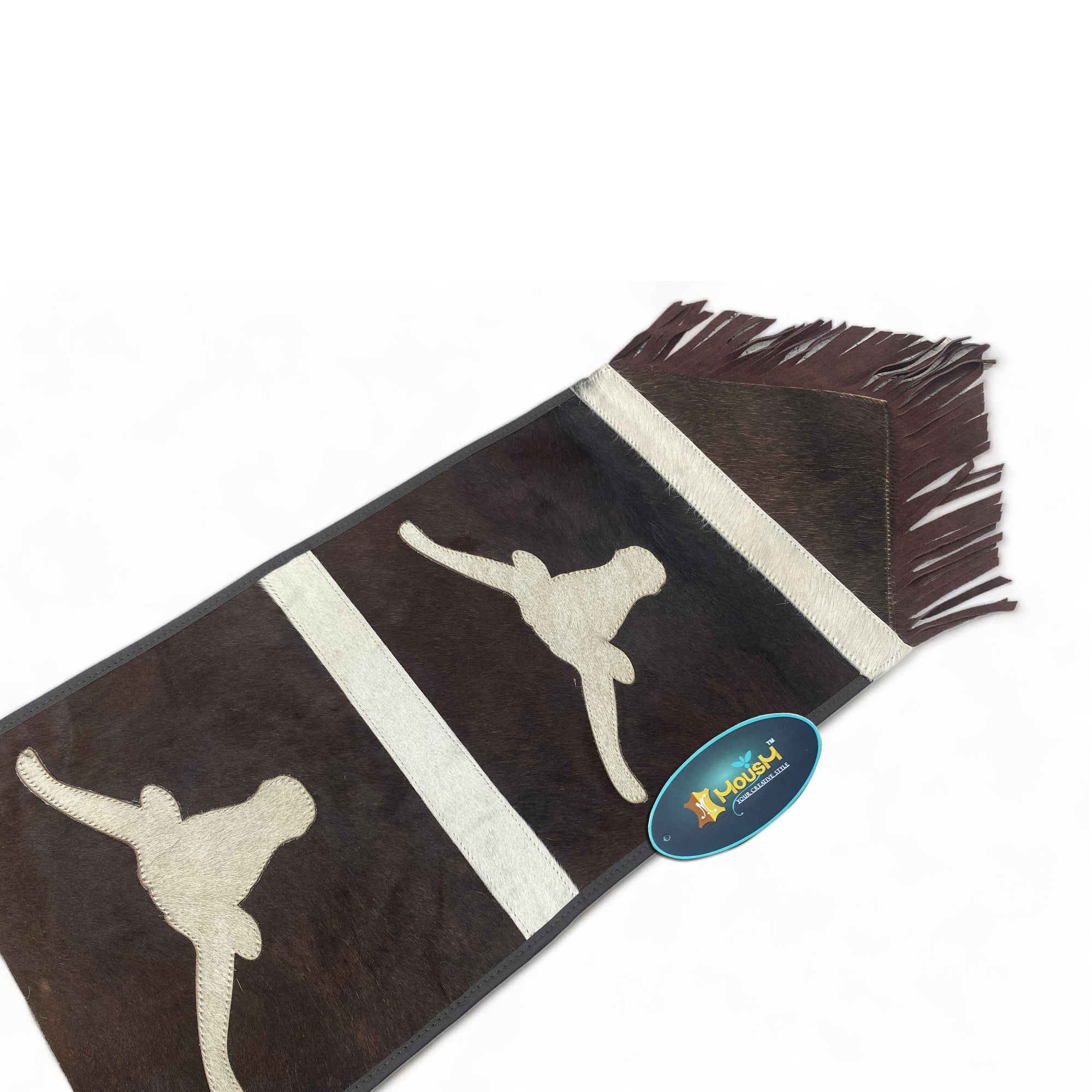 MOUSM Real Cowhide Leather Table Runner 72” with Longhorn Bull Embroidered - Handcrafted Rustic Western Décor, Bull Head Embossed, Fringed Edges, Perfect for Coffee & Dining Tables.