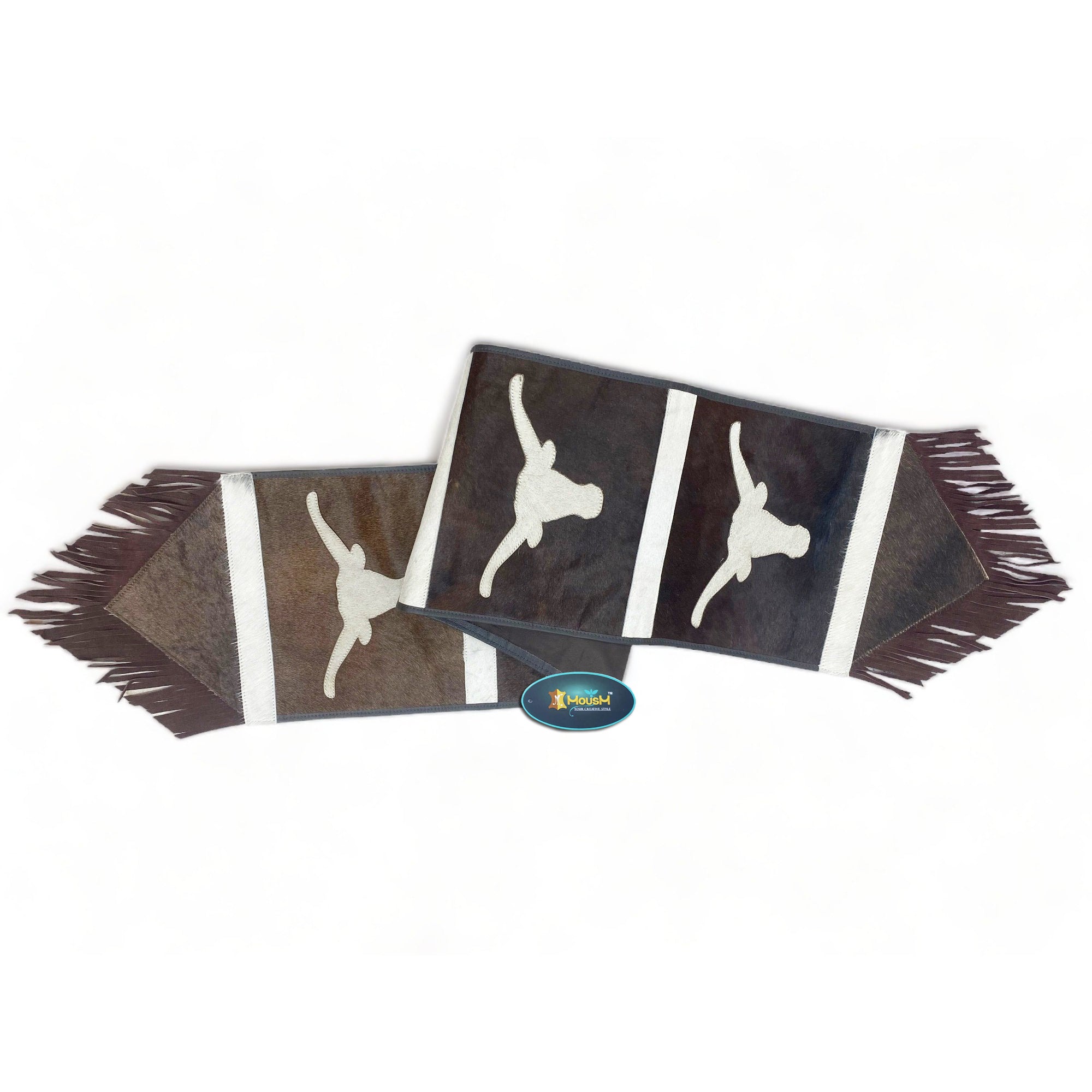 MOUSM Real Cowhide Leather Table Runner 72” with Longhorn Bull Embroidered - Handcrafted Rustic Western Décor, Bull Head Embossed, Fringed Edges, Perfect for Coffee & Dining Tables.