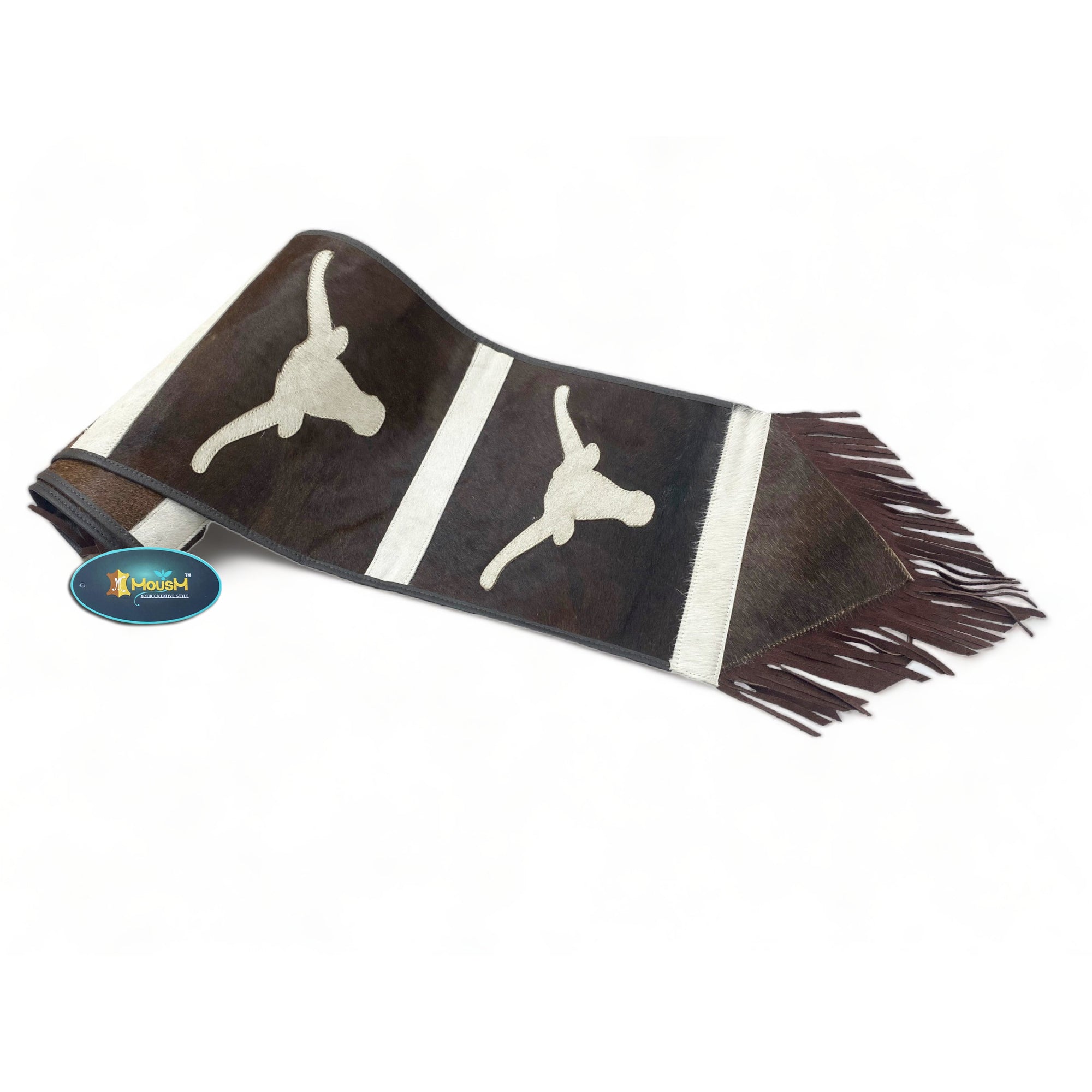 MOUSM Real Cowhide Leather Table Runner 72” with Longhorn Bull Embroidered - Handcrafted Rustic Western Décor, Bull Head Embossed, Fringed Edges, Perfect for Coffee & Dining Tables.