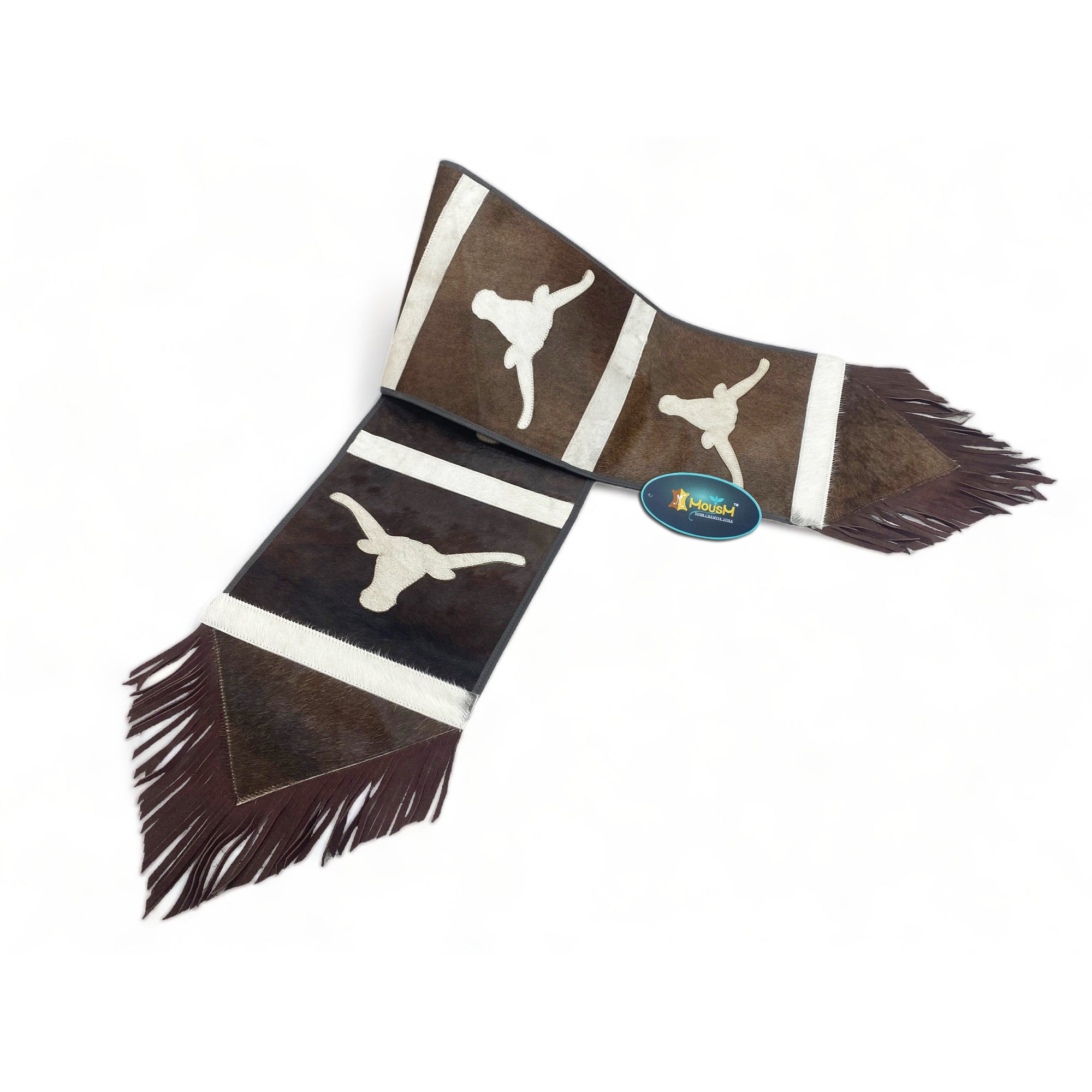 MOUSM Real Cowhide Leather Table Runner 72” with Longhorn Bull Embroidered - Handcrafted Rustic Western Décor, Bull Head Embossed, Fringed Edges, Perfect for Coffee & Dining Tables.