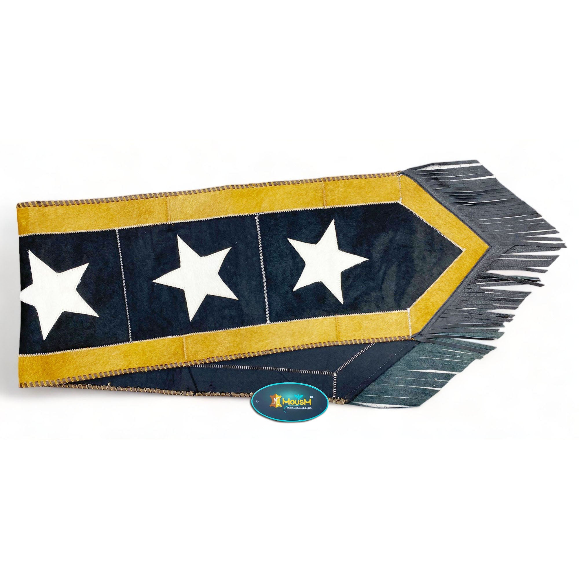 MOUSM Real Cowhide Leather Table Runner – 72x12 Inches, Handcrafted with Silver Star on a Black Sky Theme, Surrounded by a Golden Edge and Black Leather Fringe on Both Sides