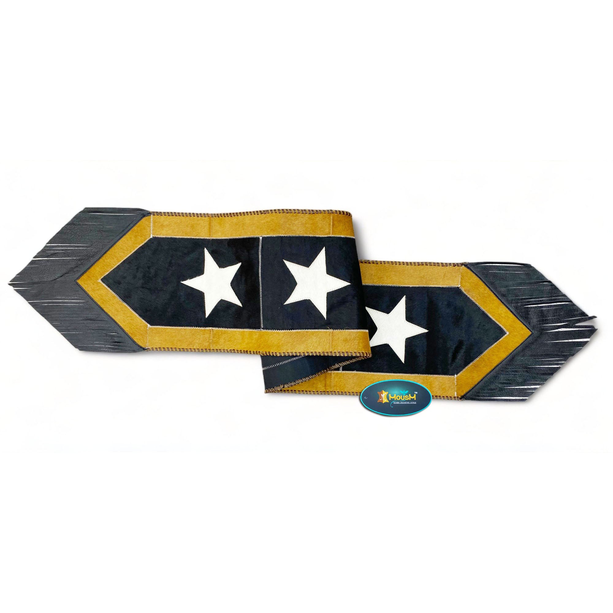 MOUSM Real Cowhide Leather Table Runner – 72x12 Inches, Handcrafted with Silver Star on a Black Sky Theme, Surrounded by a Golden Edge and Black Leather Fringe on Both Sides