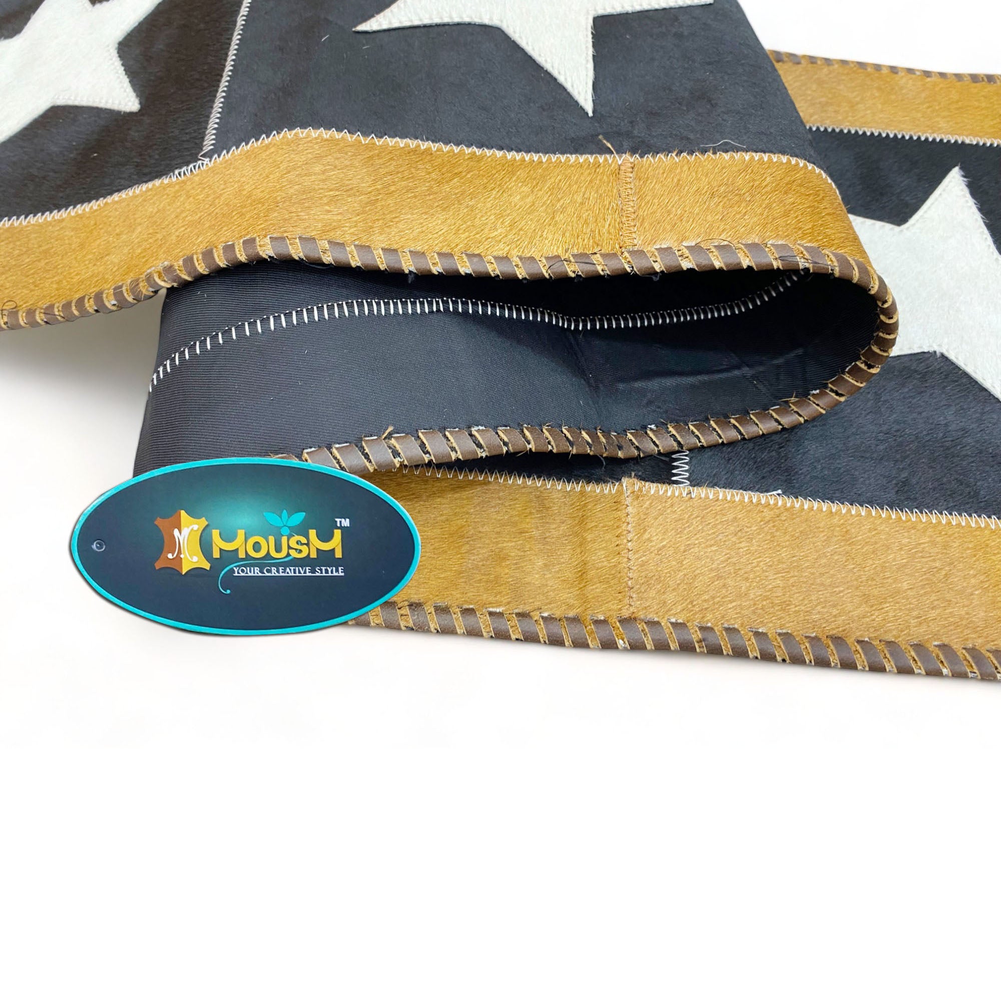 MOUSM Real Cowhide Leather Table Runner – 72x12 Inches, Handcrafted with Silver Star on a Black Sky Theme, Surrounded by a Golden Edge and Black Leather Fringe on Both Sides