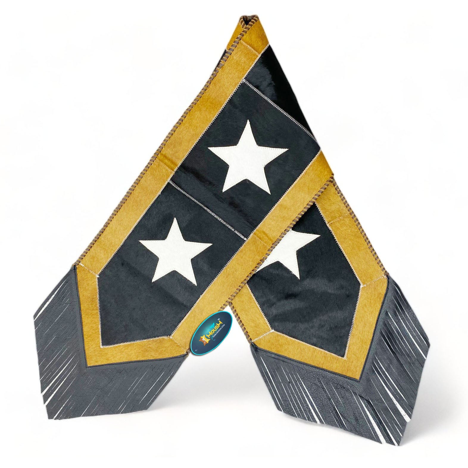 MOUSM Real Cowhide Leather Table Runner – 72x12 Inches, Handcrafted with Silver Star on a Black Sky Theme, Surrounded by a Golden Edge and Black Leather Fringe on Both Sides