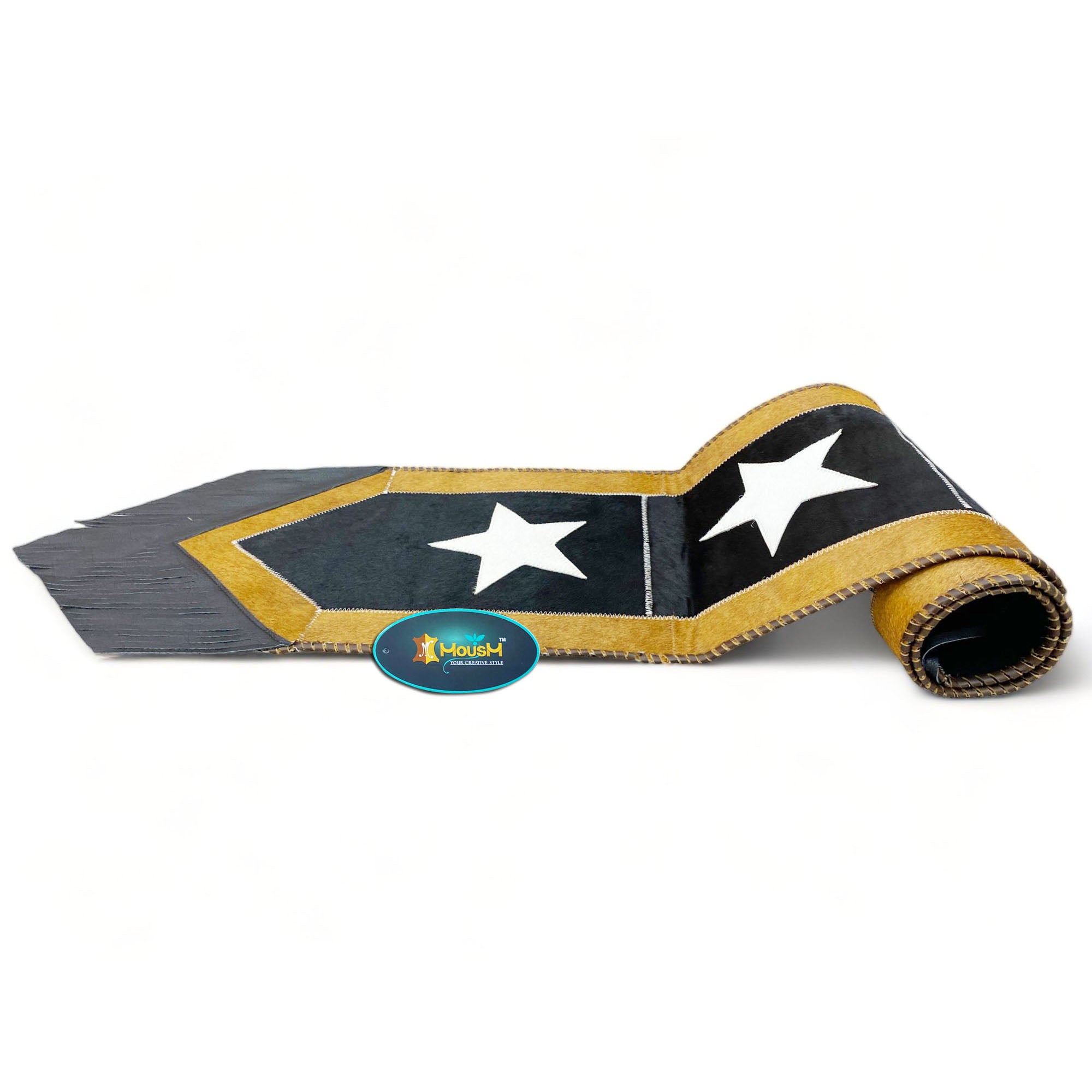MOUSM Real Cowhide Leather Table Runner – 72x12 Inches, Handcrafted with Silver Star on a Black Sky Theme, Surrounded by a Golden Edge and Black Leather Fringe on Both Sides