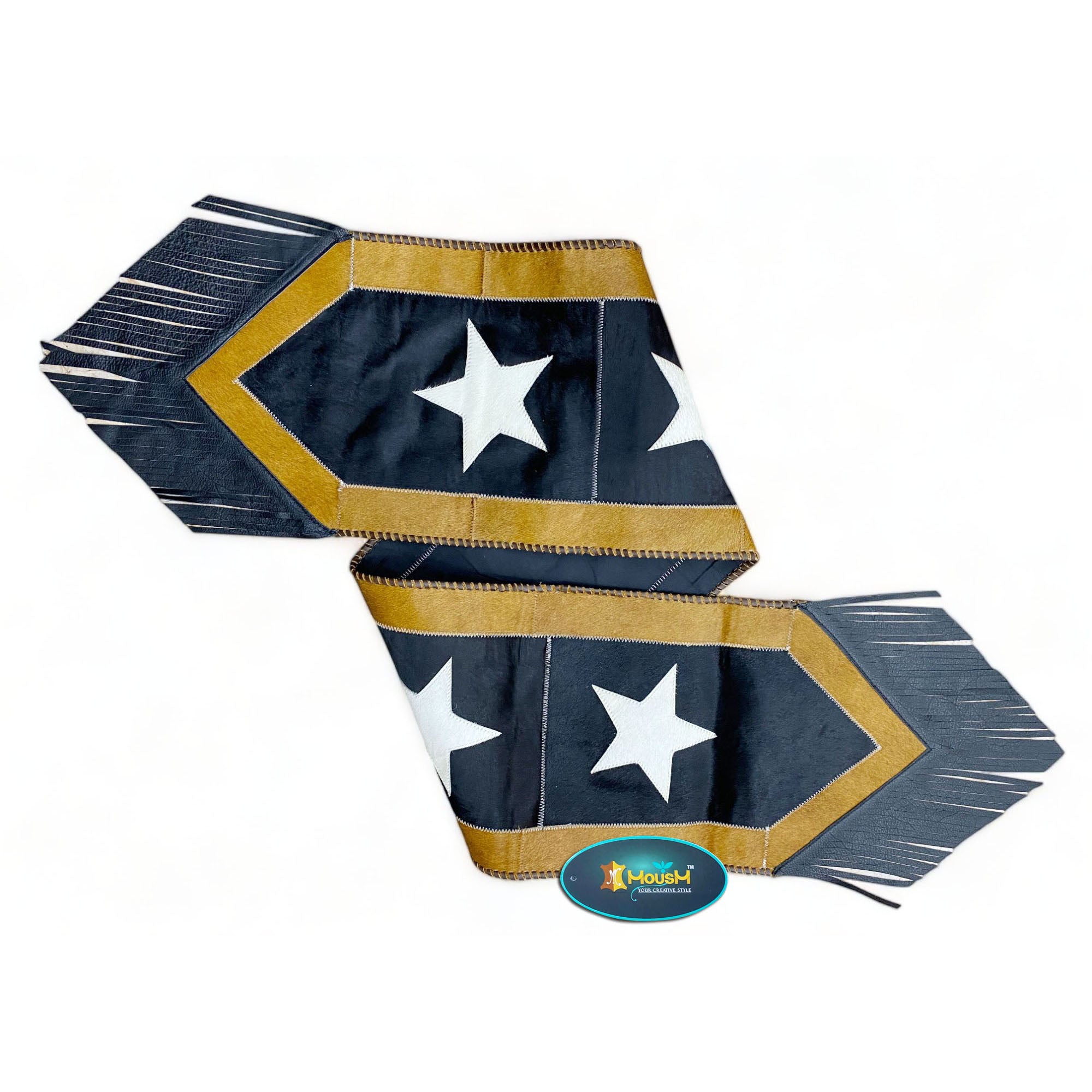 MOUSM Real Cowhide Leather Table Runner – 72x12 Inches, Handcrafted with Silver Star on a Black Sky Theme, Surrounded by a Golden Edge and Black Leather Fringe on Both Sides