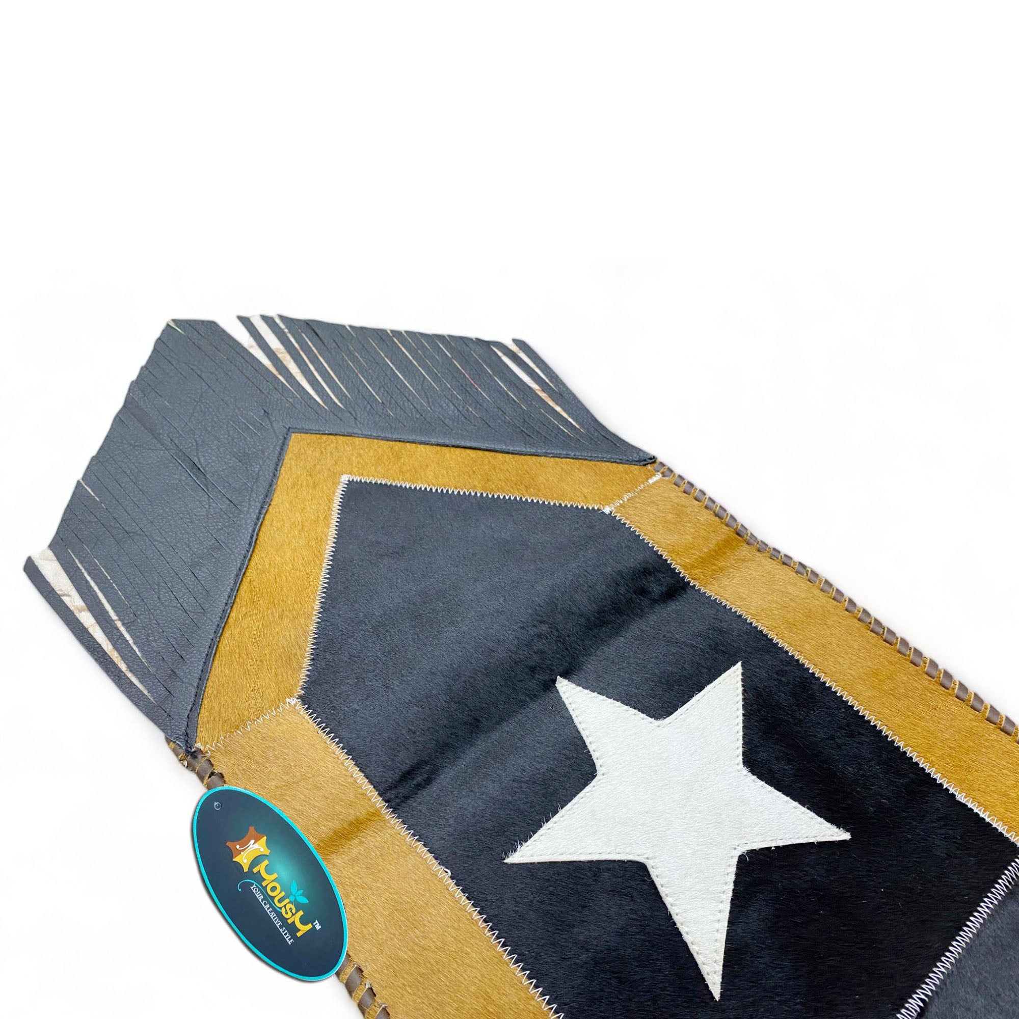 MOUSM Real Cowhide Leather Table Runner – 72x12 Inches, Handcrafted with Silver Star on a Black Sky Theme, Surrounded by a Golden Edge and Black Leather Fringe on Both Sides