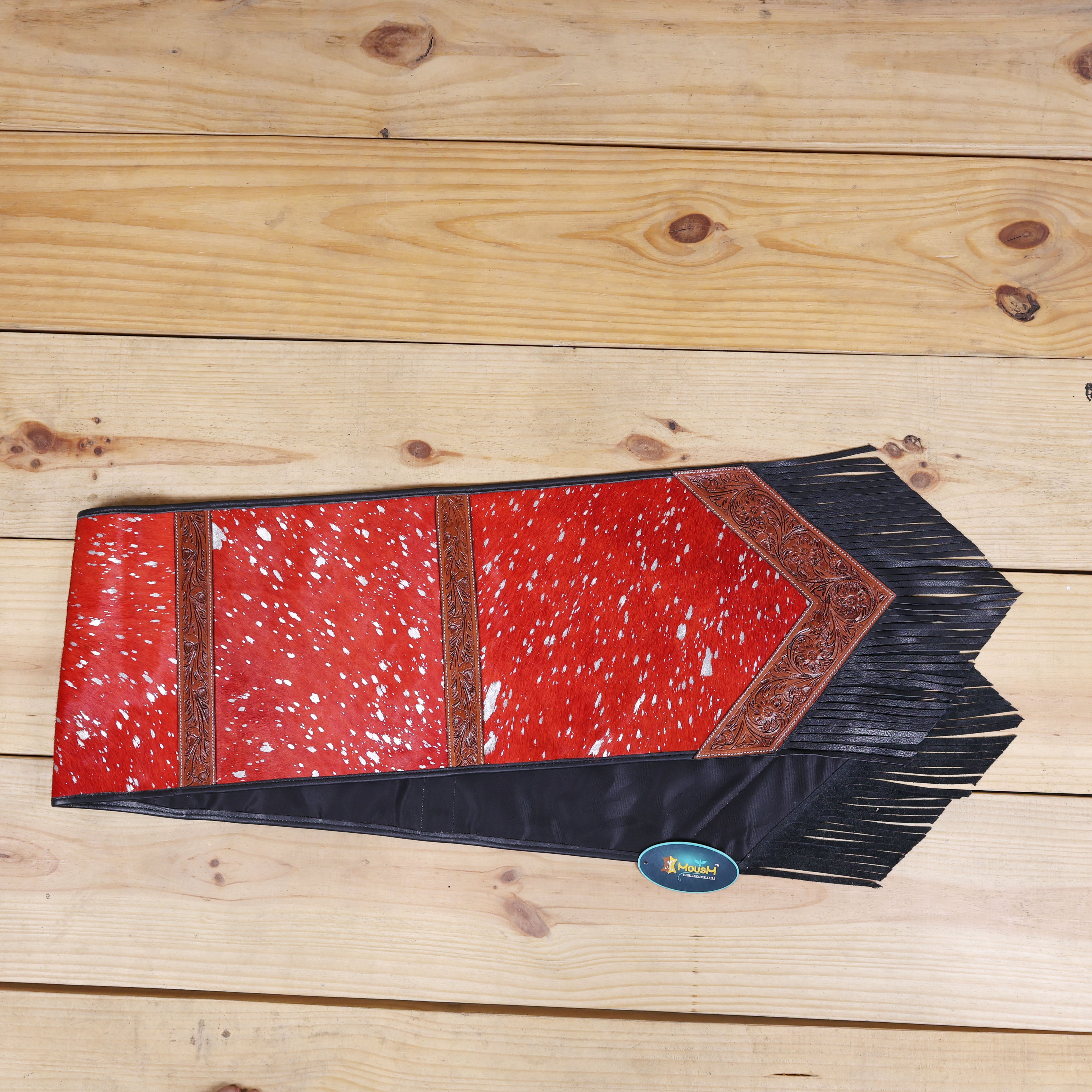 MOUSM Real Cowhide Table Runner - 72x12 Inches – Handcrafted with Argentina Cow Leather, Red Metallic Acid Wash, Tooled V-Shaped Corners and Dividing Patch for Bowl Placement, Black Fringe Edges
