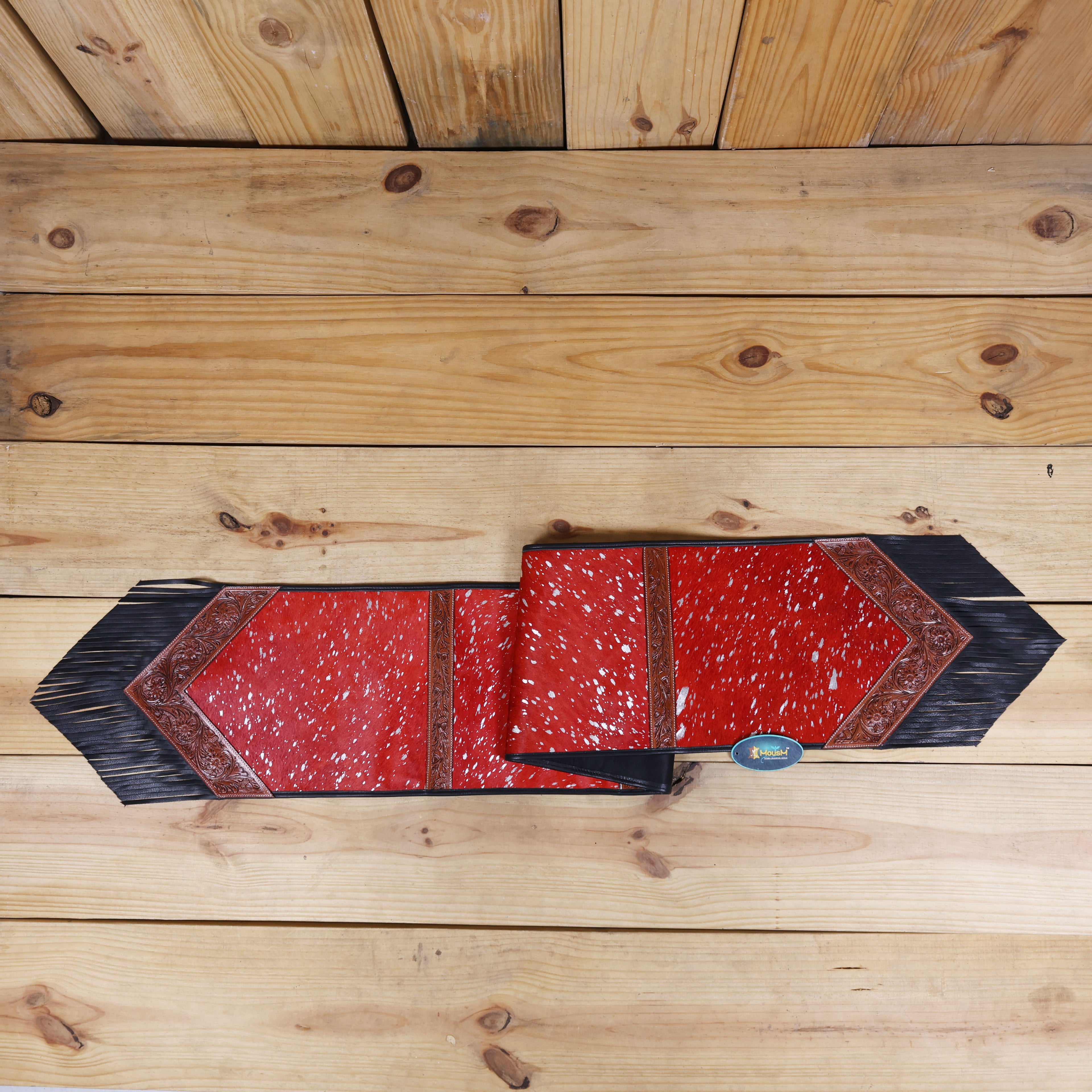 MOUSM Real Cowhide Table Runner - 72x12 Inches – Handcrafted with Argentina Cow Leather, Red Metallic Acid Wash, Tooled V-Shaped Corners and Dividing Patch for Bowl Placement, Black Fringe Edges