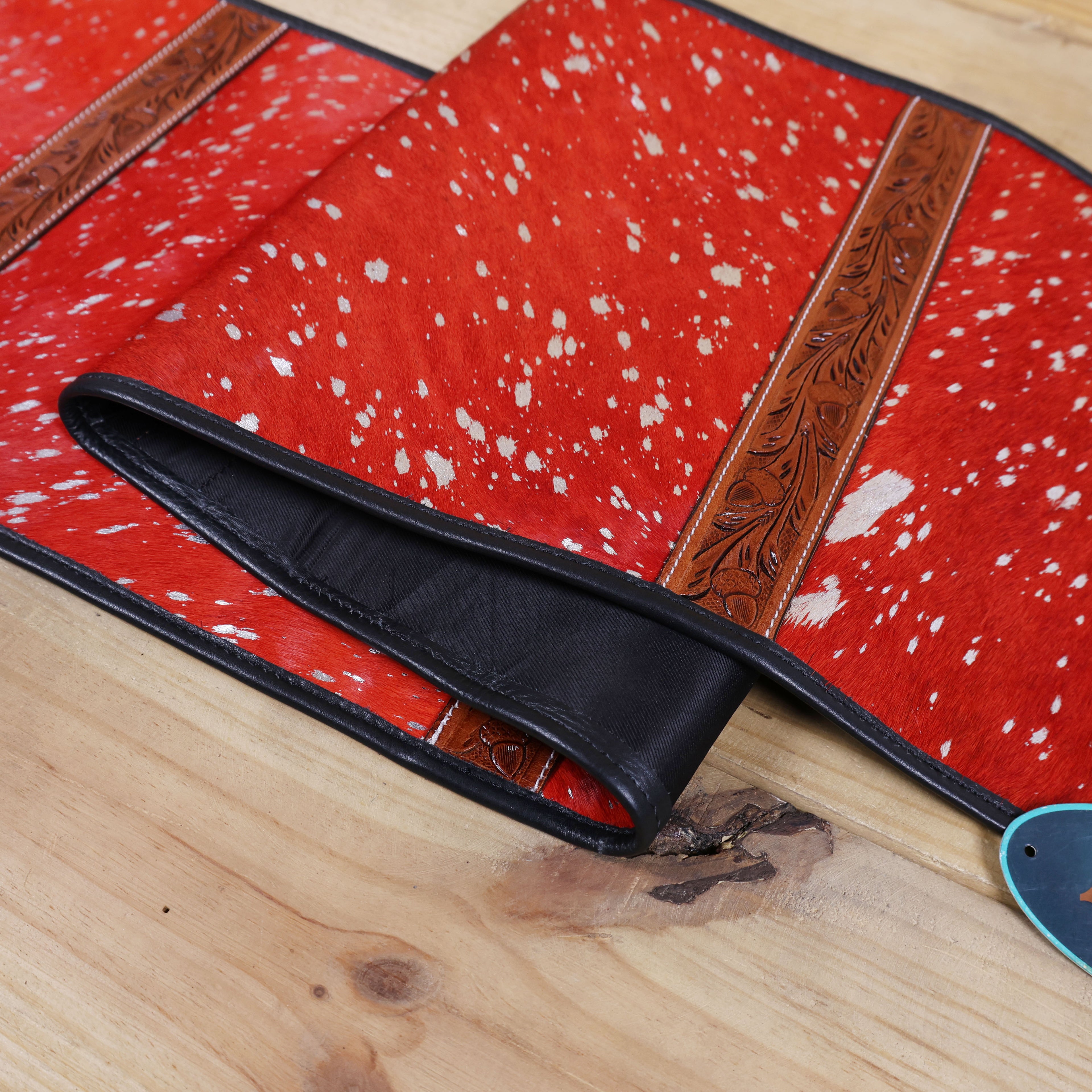 MOUSM Real Cowhide Table Runner - 72x12 Inches – Handcrafted with Argentina Cow Leather, Red Metallic Acid Wash, Tooled V-Shaped Corners and Dividing Patch for Bowl Placement, Black Fringe Edges