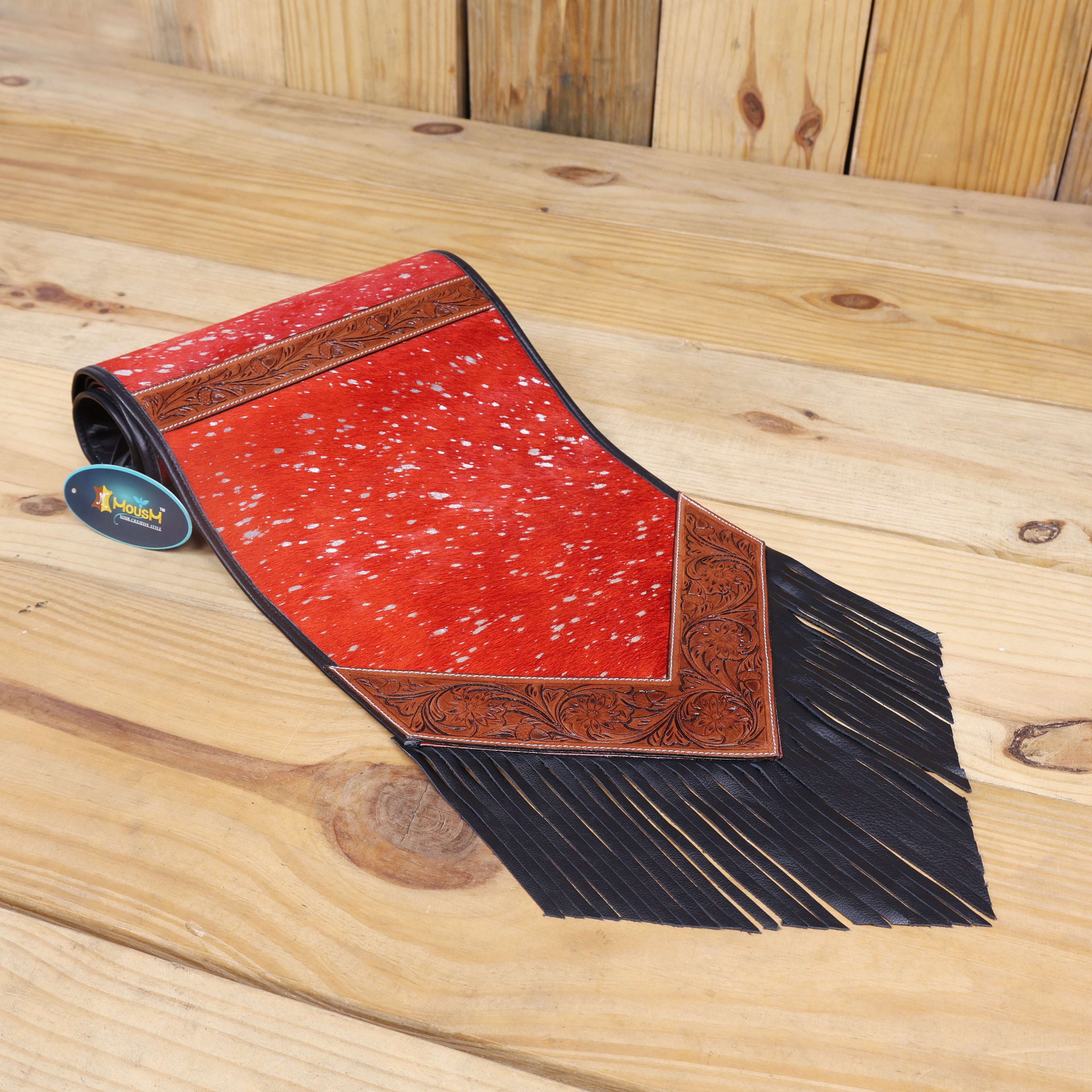 MOUSM Real Cowhide Table Runner - 72x12 Inches – Handcrafted with Argentina Cow Leather, Red Metallic Acid Wash, Tooled V-Shaped Corners and Dividing Patch for Bowl Placement, Black Fringe Edges