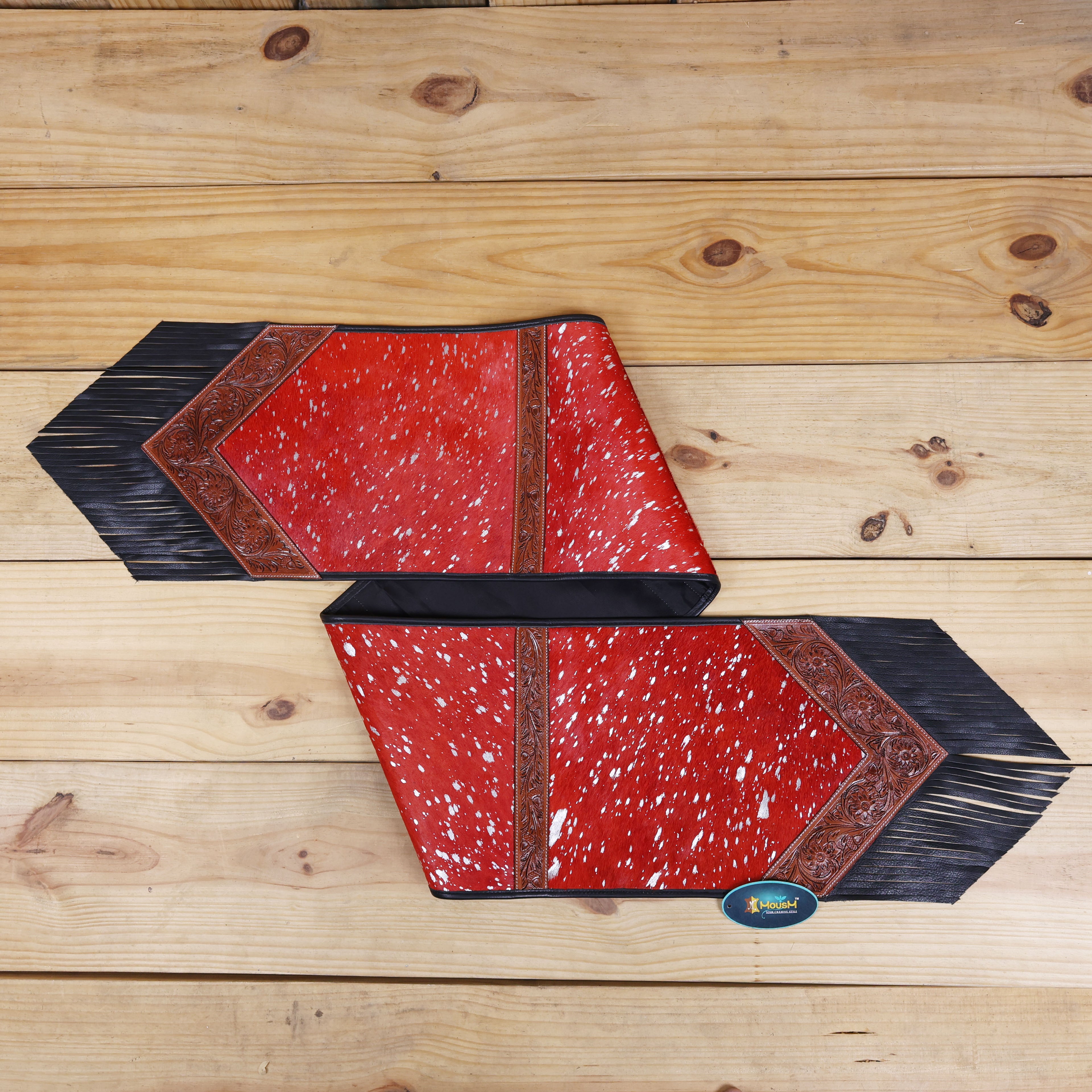 MOUSM Real Cowhide Table Runner - 72x12 Inches – Handcrafted with Argentina Cow Leather, Red Metallic Acid Wash, Tooled V-Shaped Corners and Dividing Patch for Bowl Placement, Black Fringe Edges