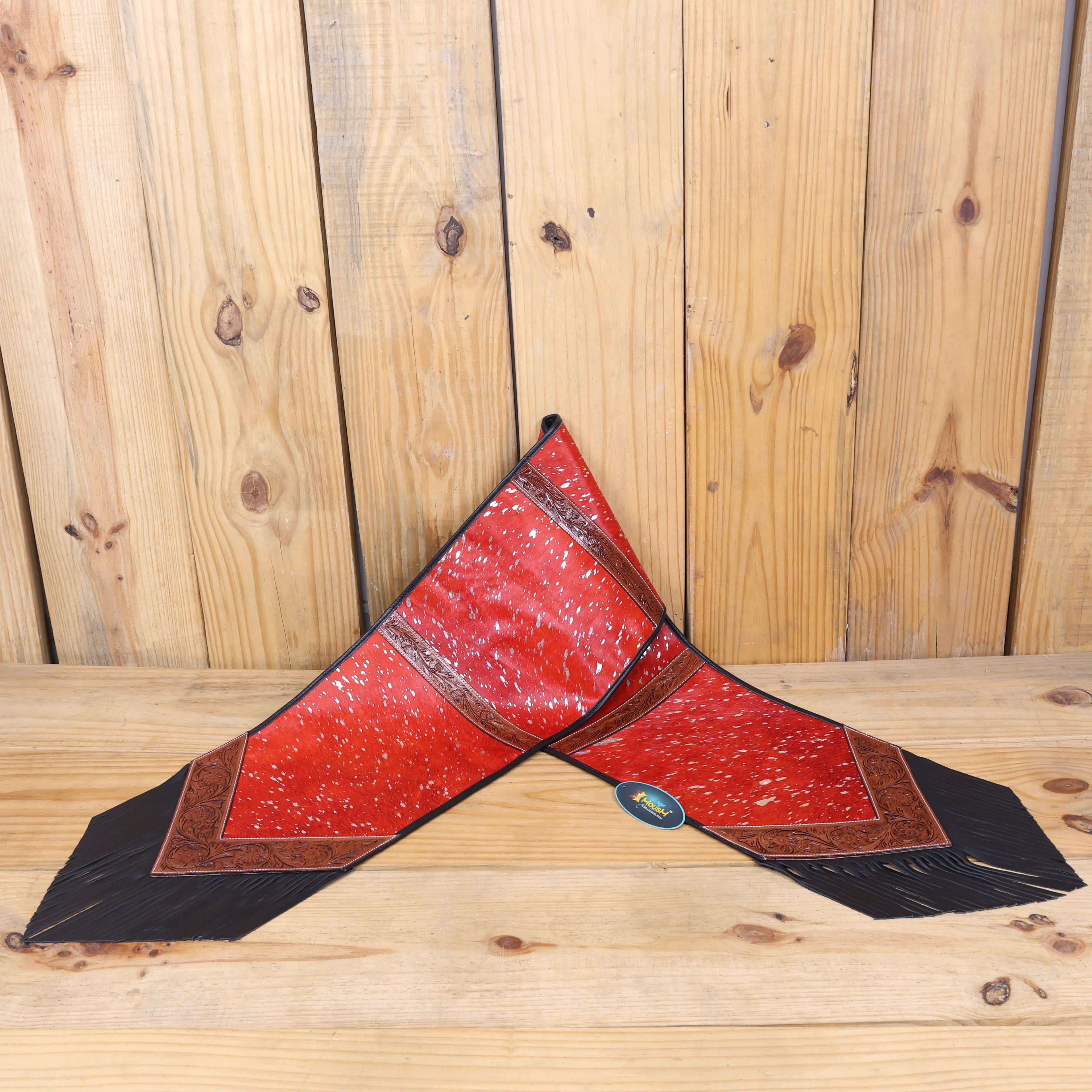 MOUSM Real Cowhide Table Runner - 72x12 Inches – Handcrafted with Argentina Cow Leather, Red Metallic Acid Wash, Tooled V-Shaped Corners and Dividing Patch for Bowl Placement, Black Fringe Edges