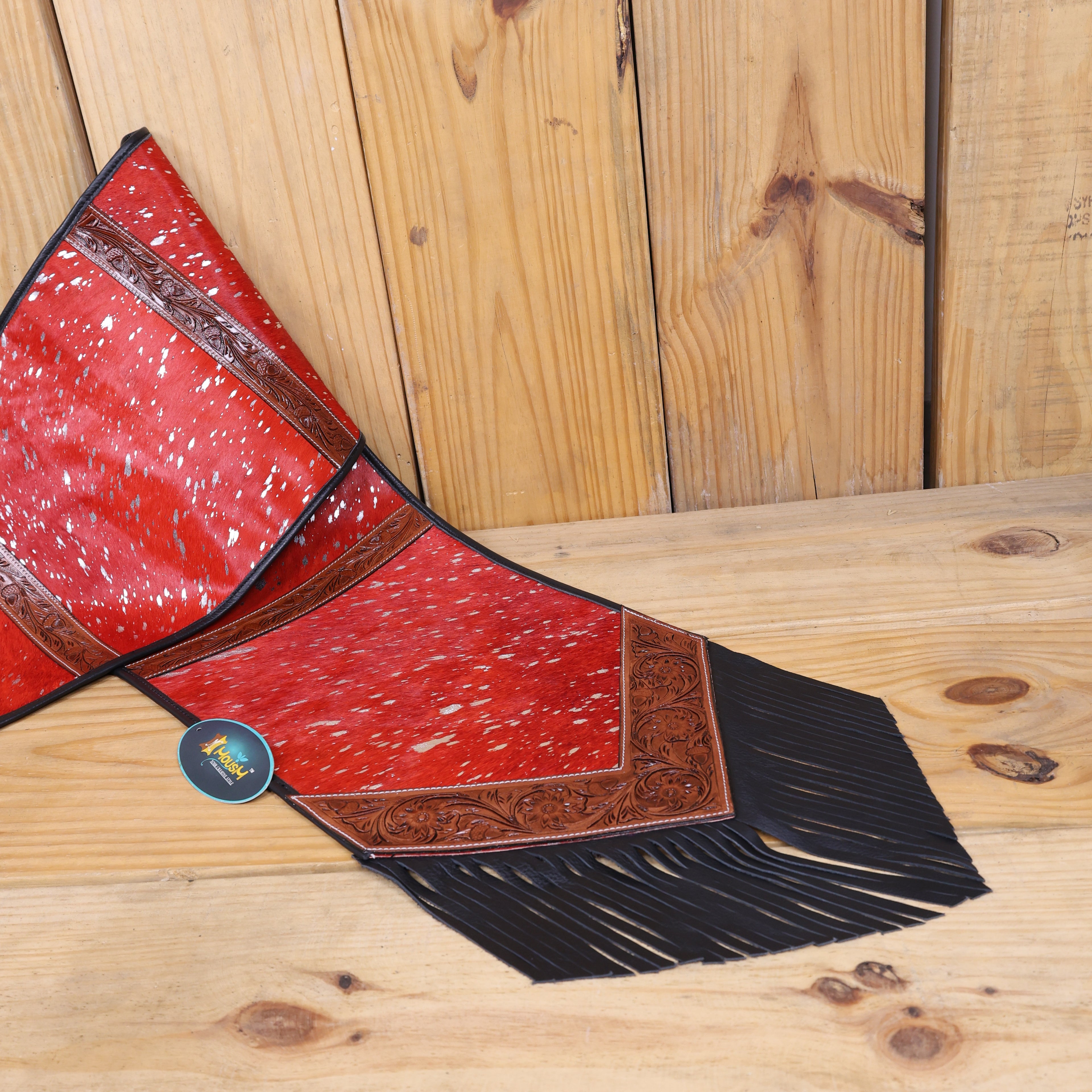MOUSM Real Cowhide Table Runner - 72x12 Inches – Handcrafted with Argentina Cow Leather, Red Metallic Acid Wash, Tooled V-Shaped Corners and Dividing Patch for Bowl Placement, Black Fringe Edges