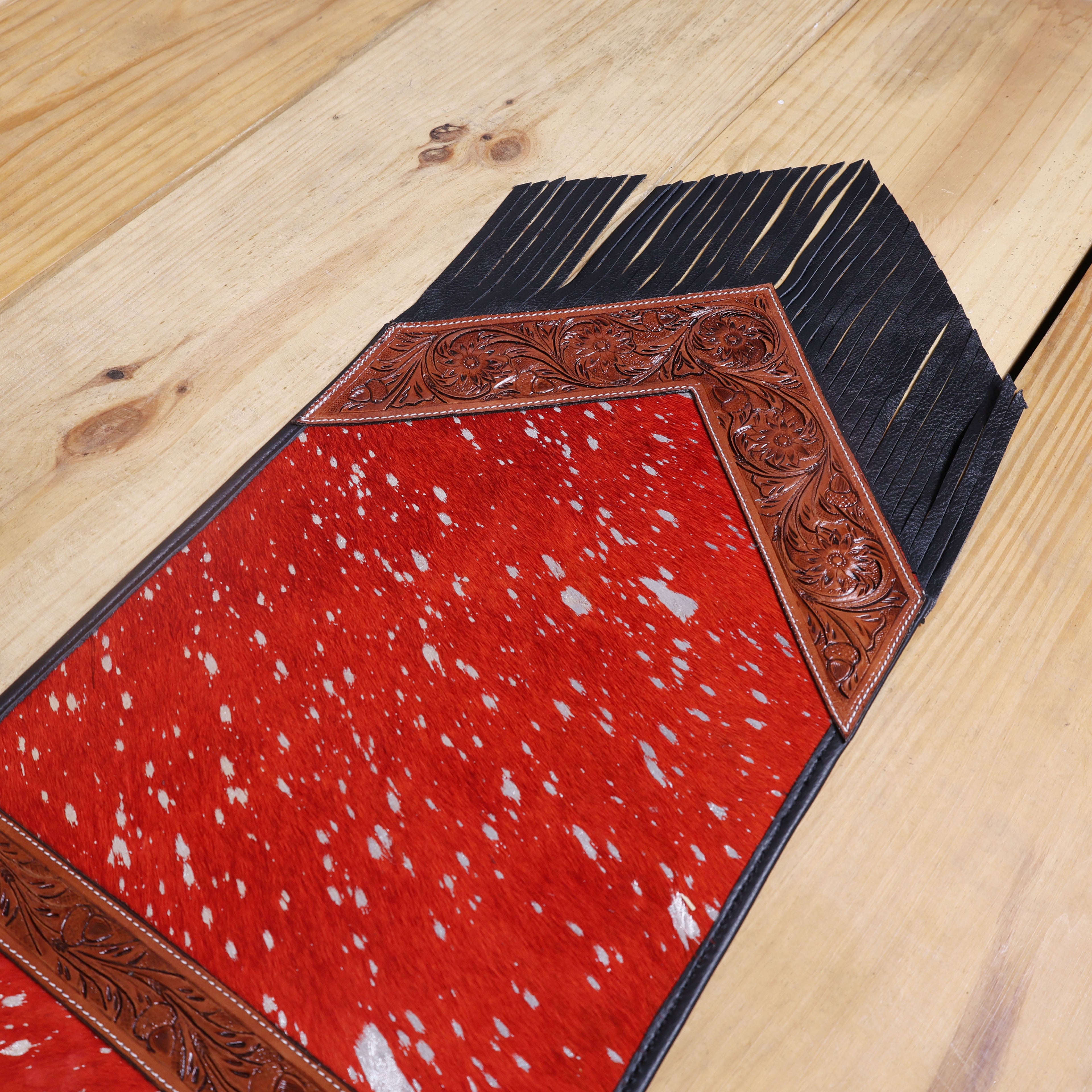 MOUSM Real Cowhide Table Runner - 72x12 Inches – Handcrafted with Argentina Cow Leather, Red Metallic Acid Wash, Tooled V-Shaped Corners and Dividing Patch for Bowl Placement, Black Fringe Edges