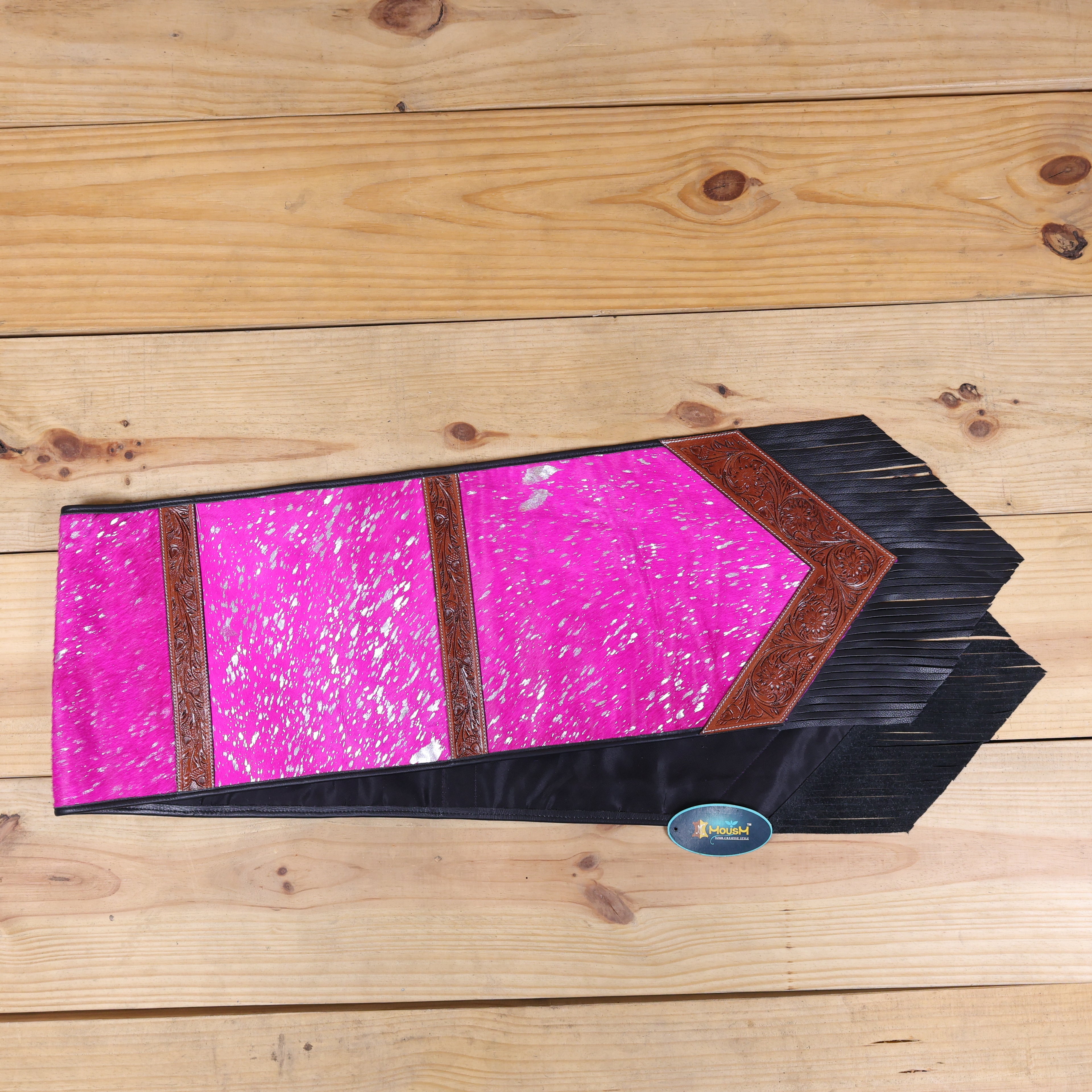 MOUSM Table Runner - 72x12 Inches – Genuine Argentina Cowhide with Pink Metallic Acid Wash, Decorated with Tooled V-Shaped Corners and Dividing Patch for Bowl Placement, Black Fringe Edges
