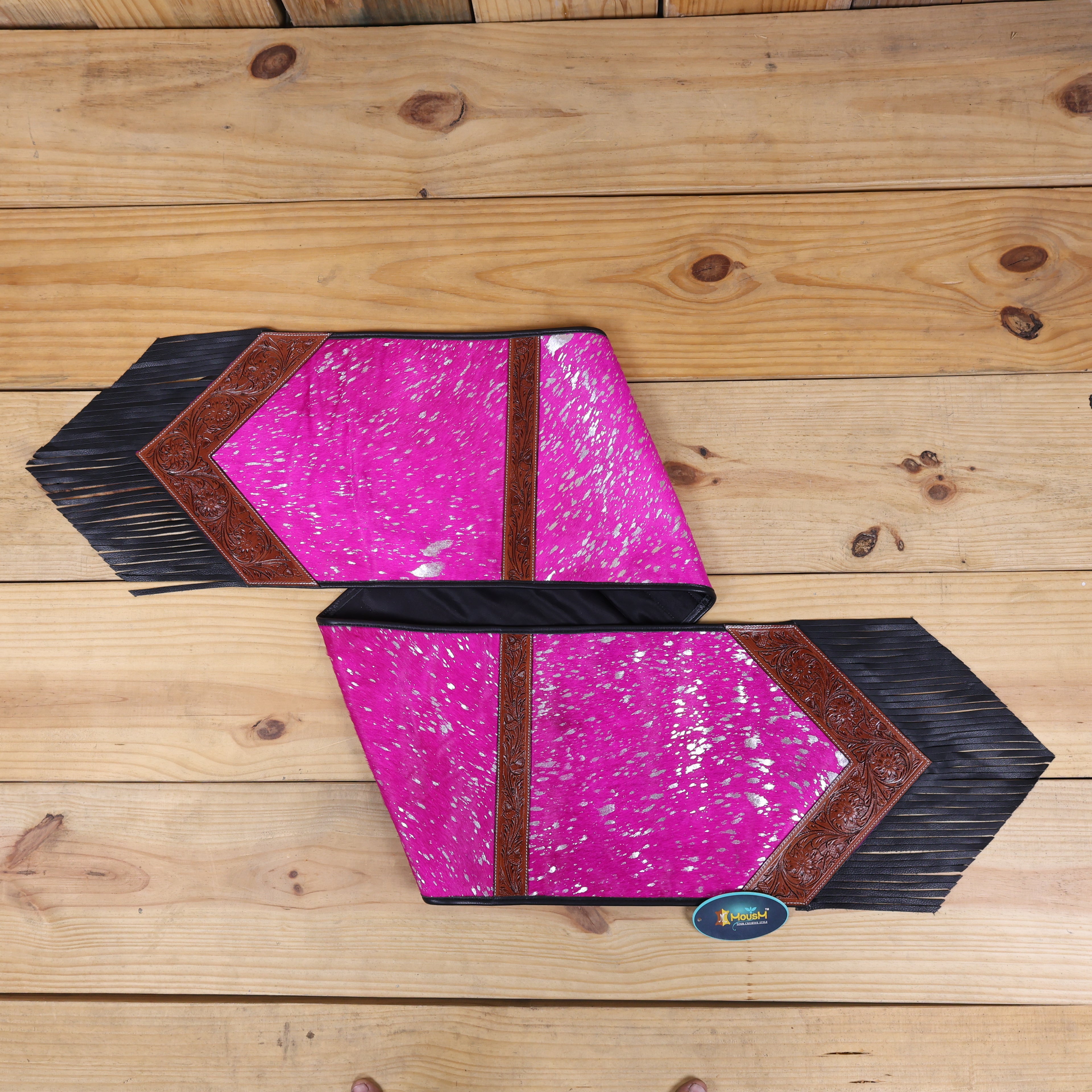 MOUSM Table Runner - 72x12 Inches – Genuine Argentina Cowhide with Pink Metallic Acid Wash, Decorated with Tooled V-Shaped Corners and Dividing Patch for Bowl Placement, Black Fringe Edges