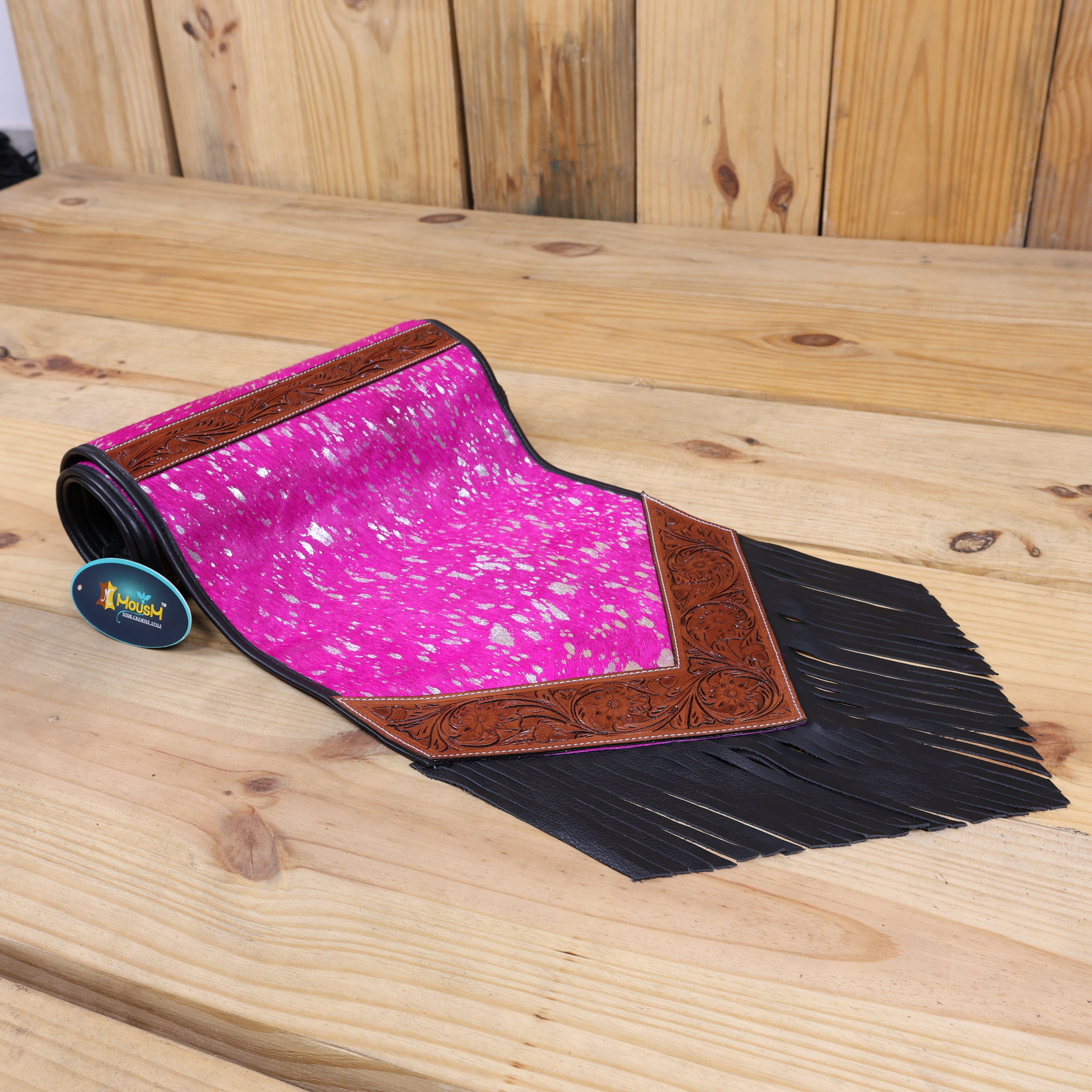 MOUSM Table Runner - 72x12 Inches – Genuine Argentina Cowhide with Pink Metallic Acid Wash, Decorated with Tooled V-Shaped Corners and Dividing Patch for Bowl Placement, Black Fringe Edges