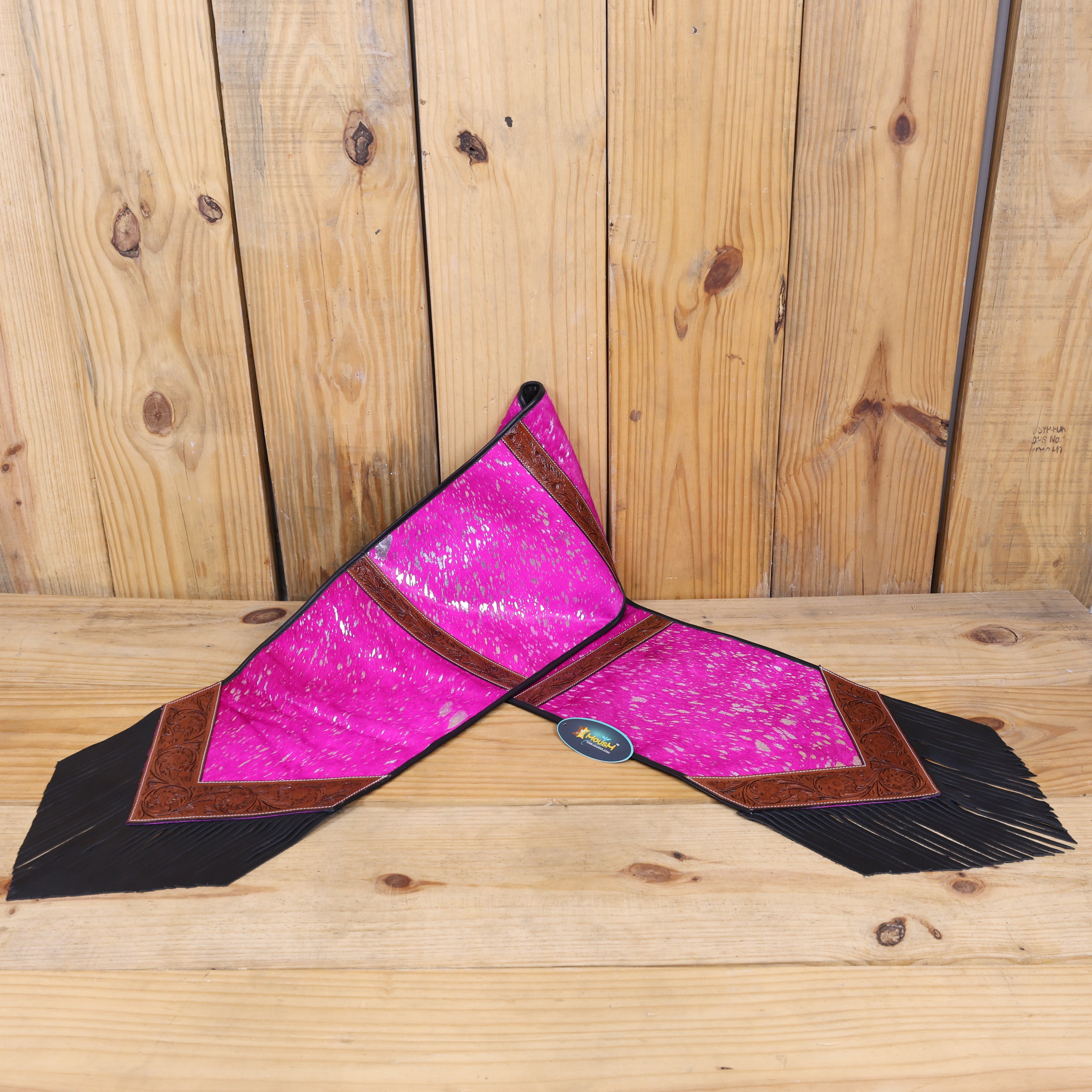 MOUSM Table Runner - 72x12 Inches – Genuine Argentina Cowhide with Pink Metallic Acid Wash, Decorated with Tooled V-Shaped Corners and Dividing Patch for Bowl Placement, Black Fringe Edges