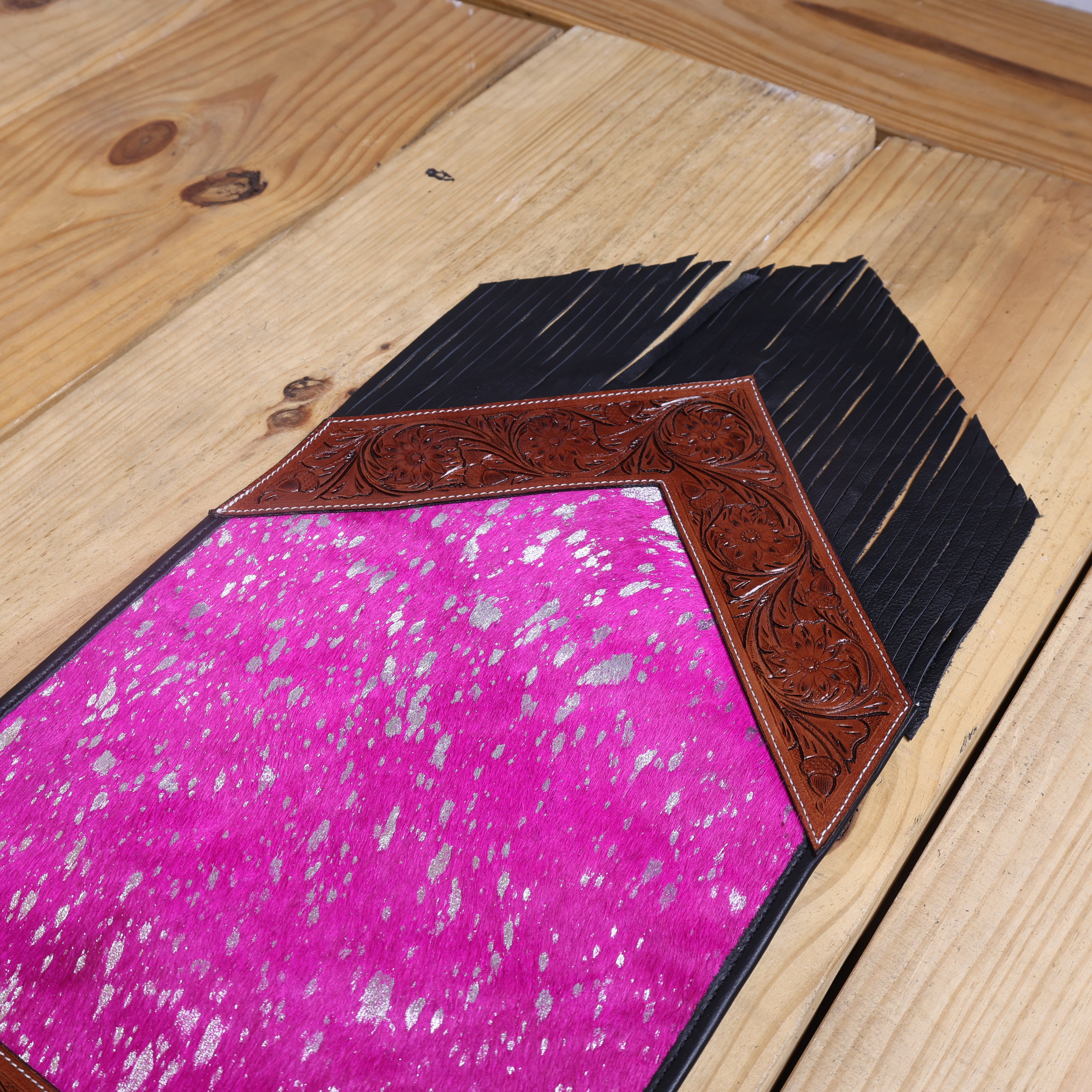 MOUSM Table Runner - 72x12 Inches – Genuine Argentina Cowhide with Pink Metallic Acid Wash, Decorated with Tooled V-Shaped Corners and Dividing Patch for Bowl Placement, Black Fringe Edges