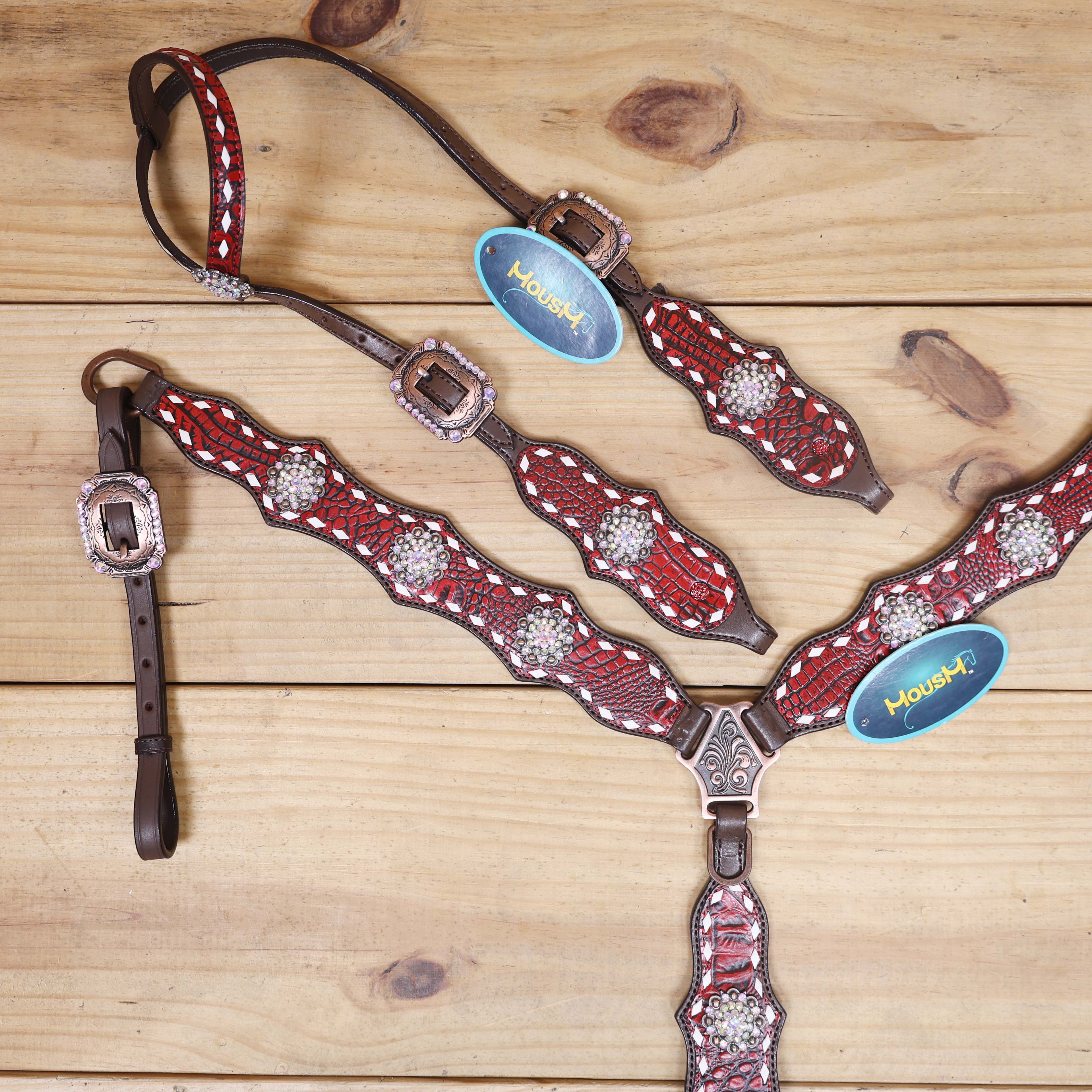 Western headstall and breast collar with red alligator leather and white detailing rawhide stitching