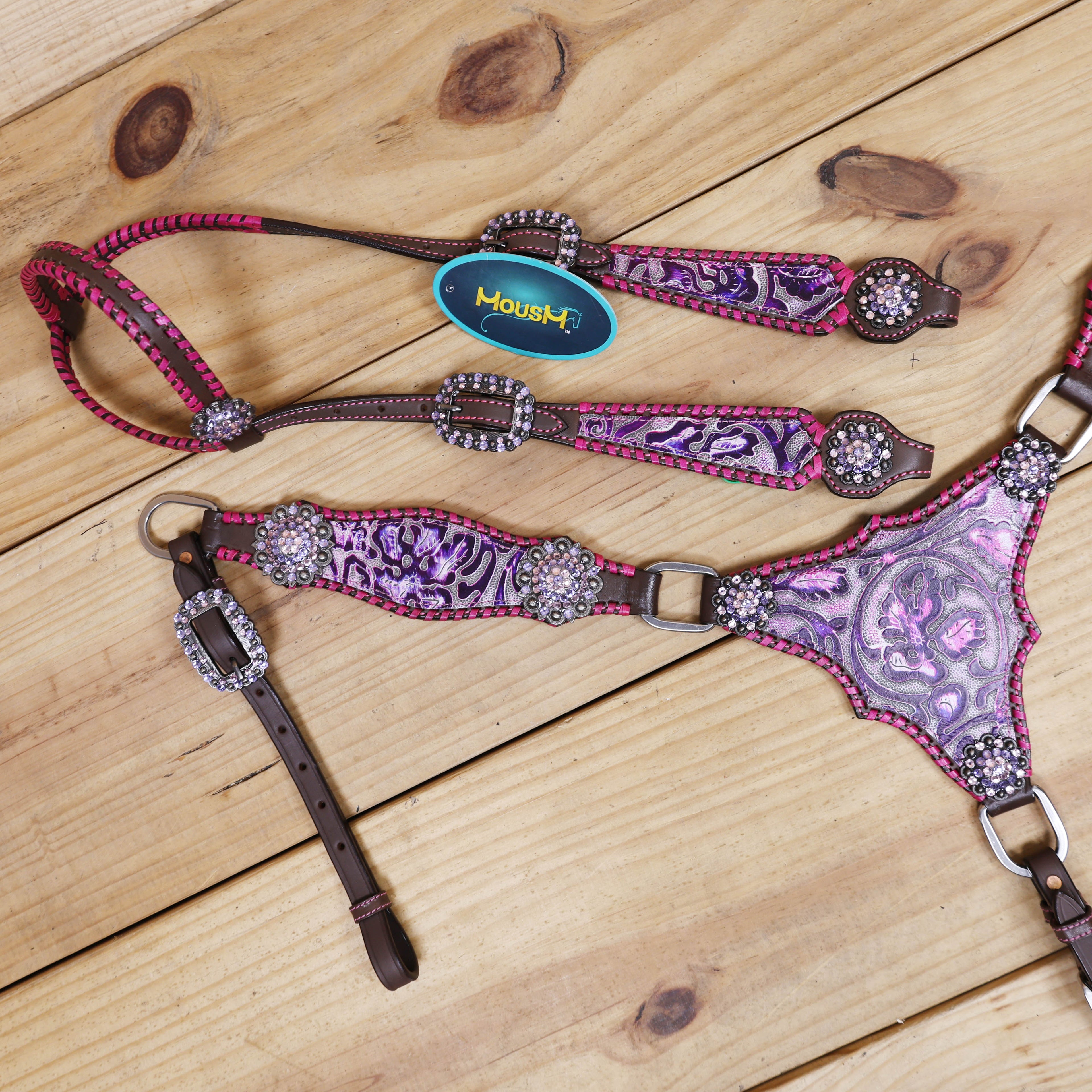 headstall set with pink and purple flower embossed leather