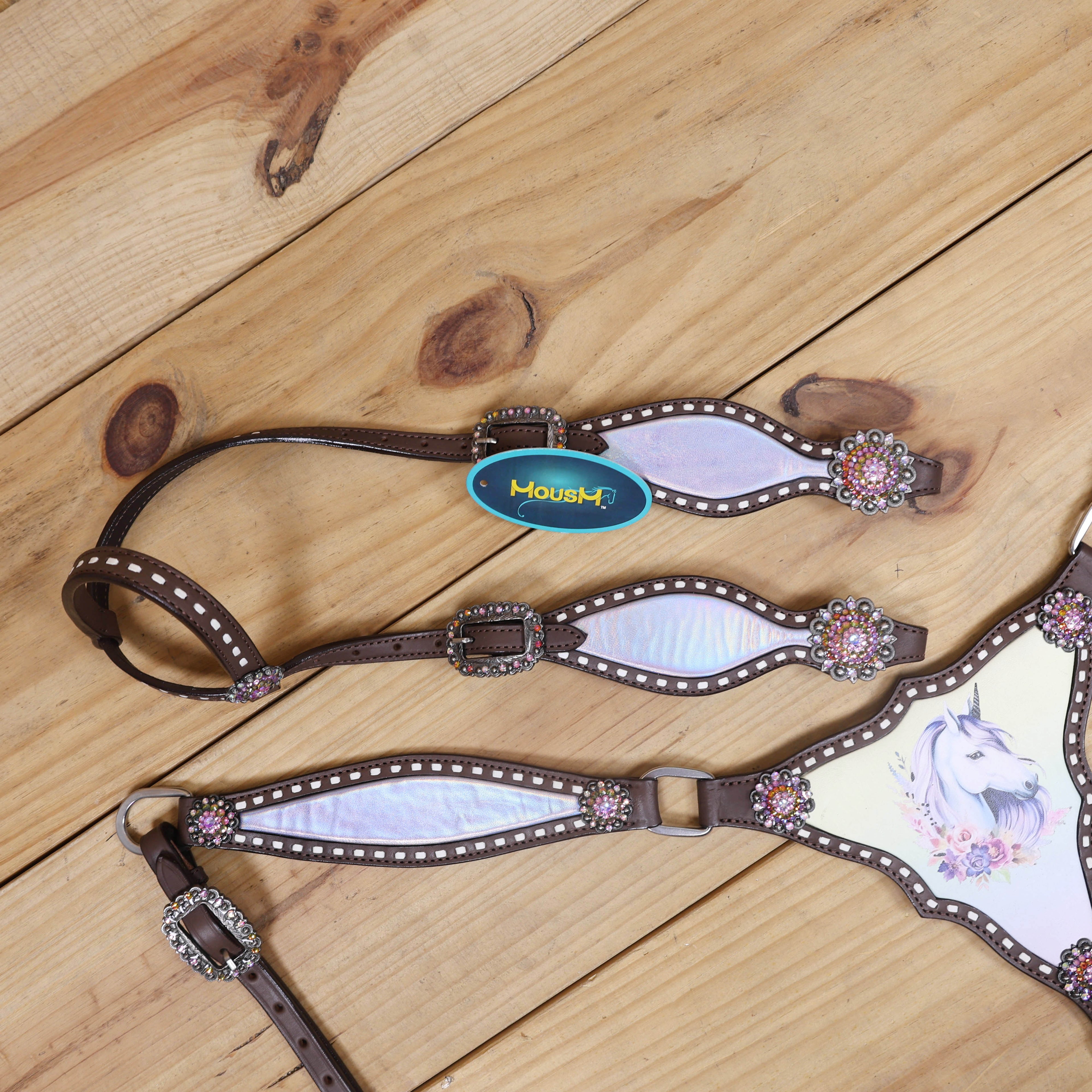 western one ear headstall with holographic unicorn print, berry conchos