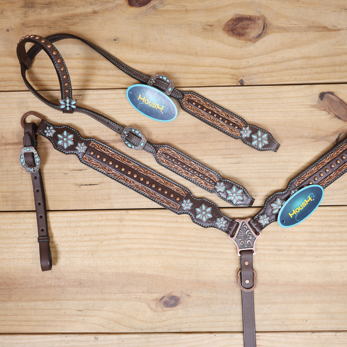 headstall with border carving antique finish with copper studs and turquoise stone flower hardware