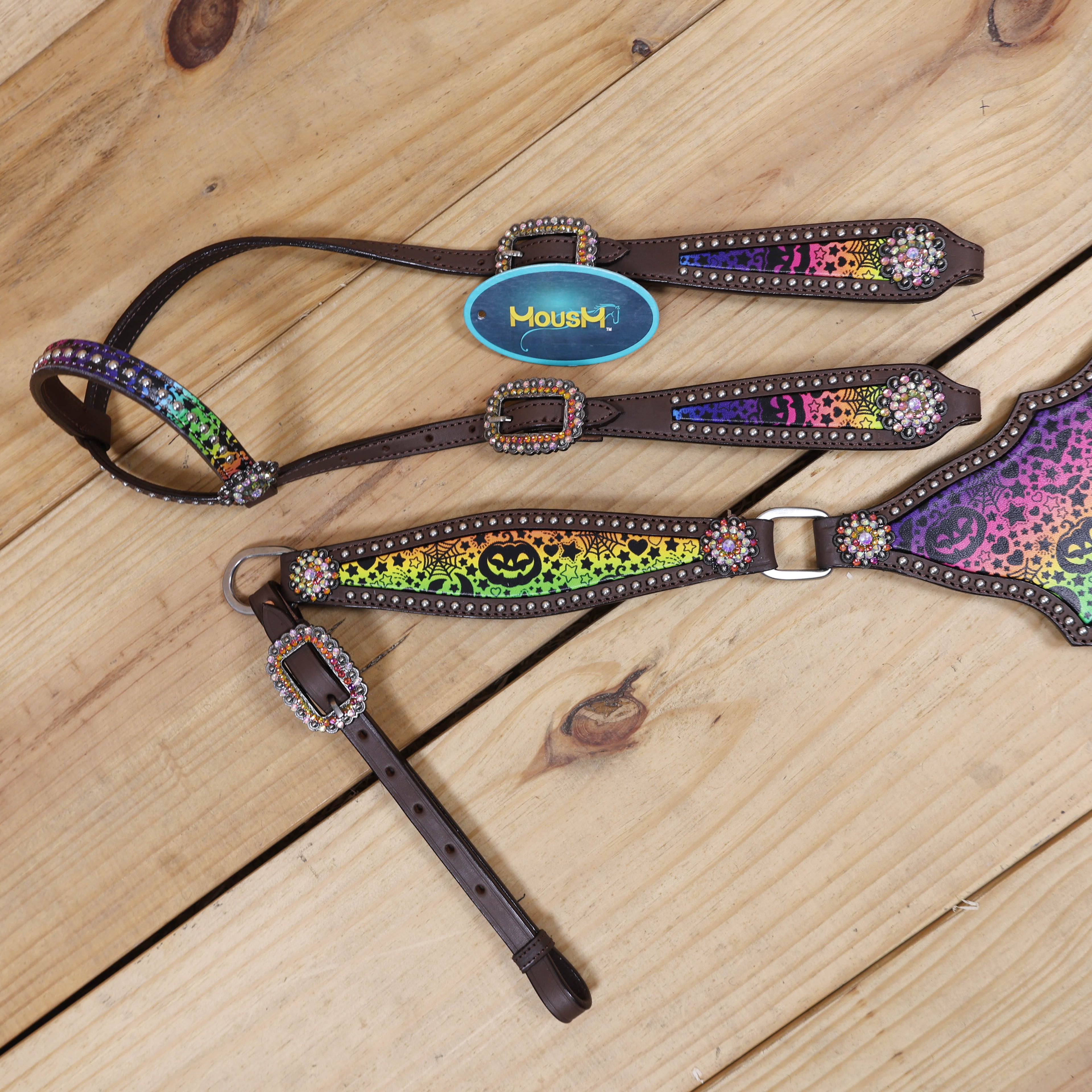 western one ear headstall and gladiator style breast collar with silver studs and colorful halloween print