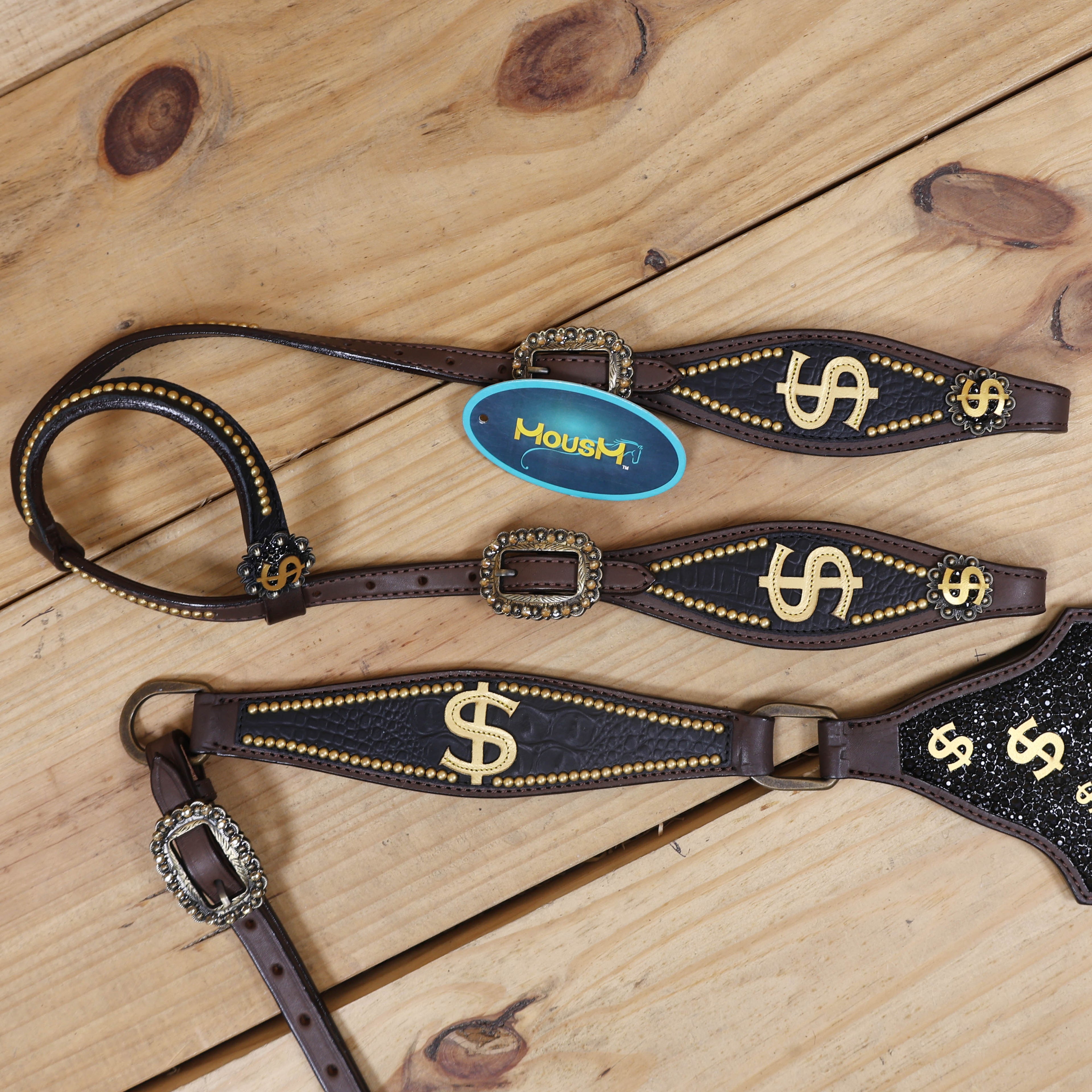 Western horse tack featuring dollar $ themed gladiator breast collar, dazzle work, antique brass hardware