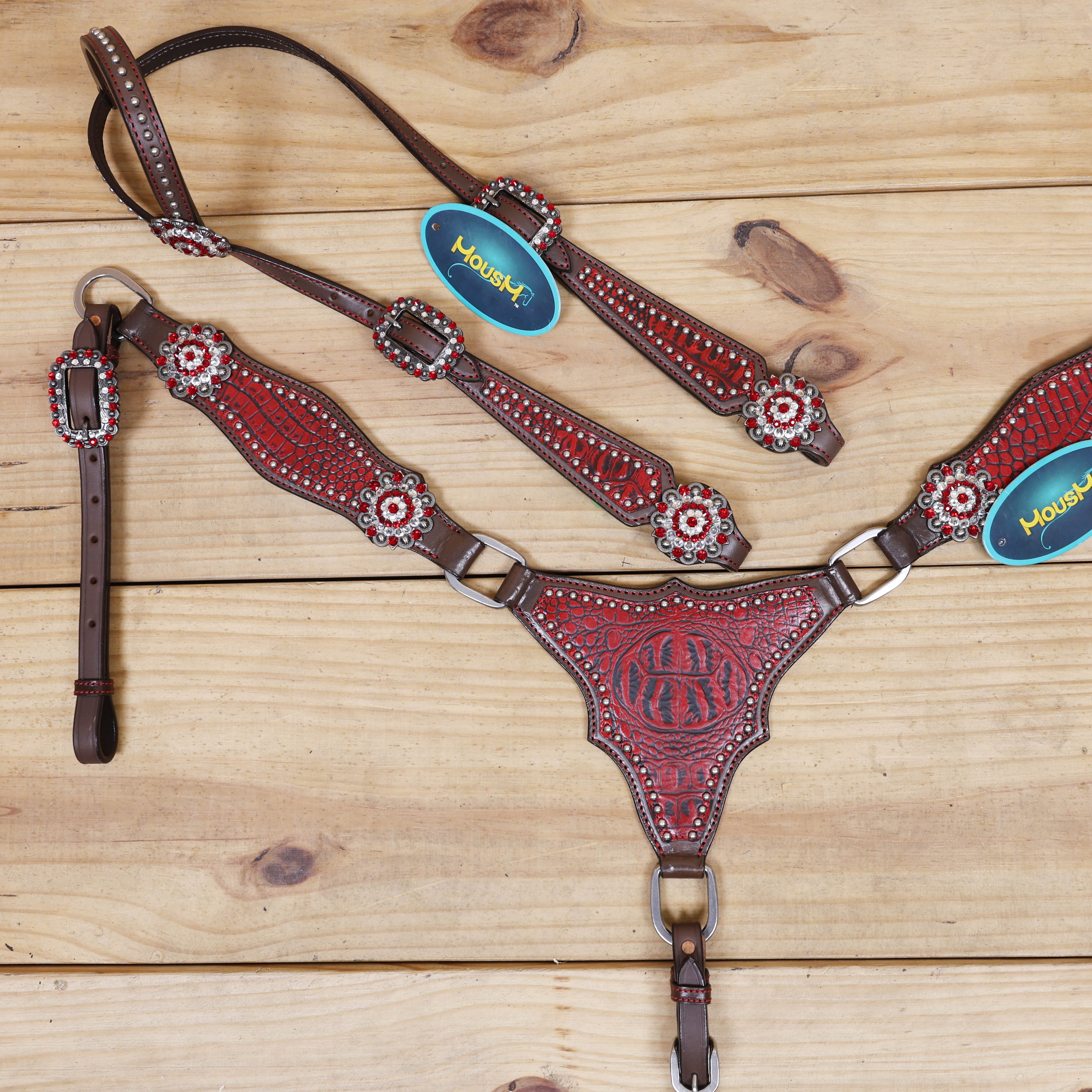 western horse tack set with red alligator printed design and silver studs