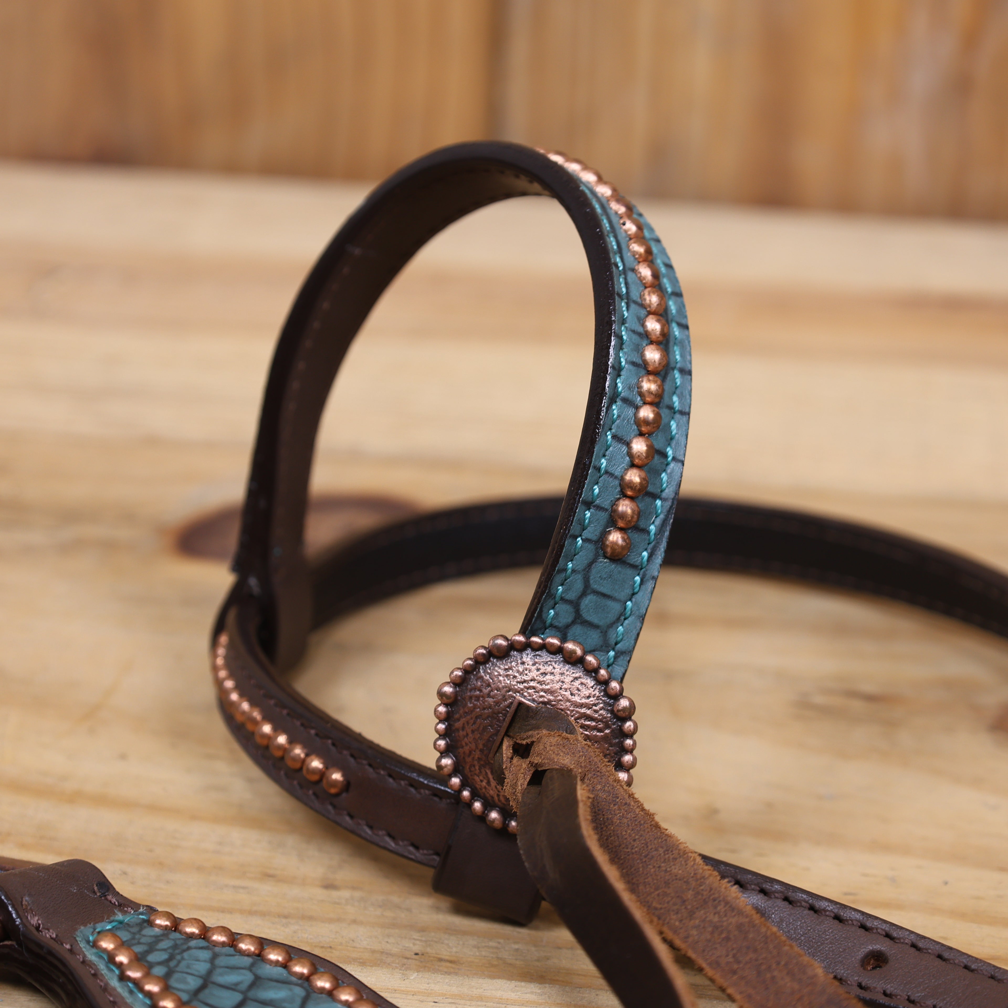 handcrafted argentina cow leather western one ear horse headstall tack with copper studs and antique copper hardware