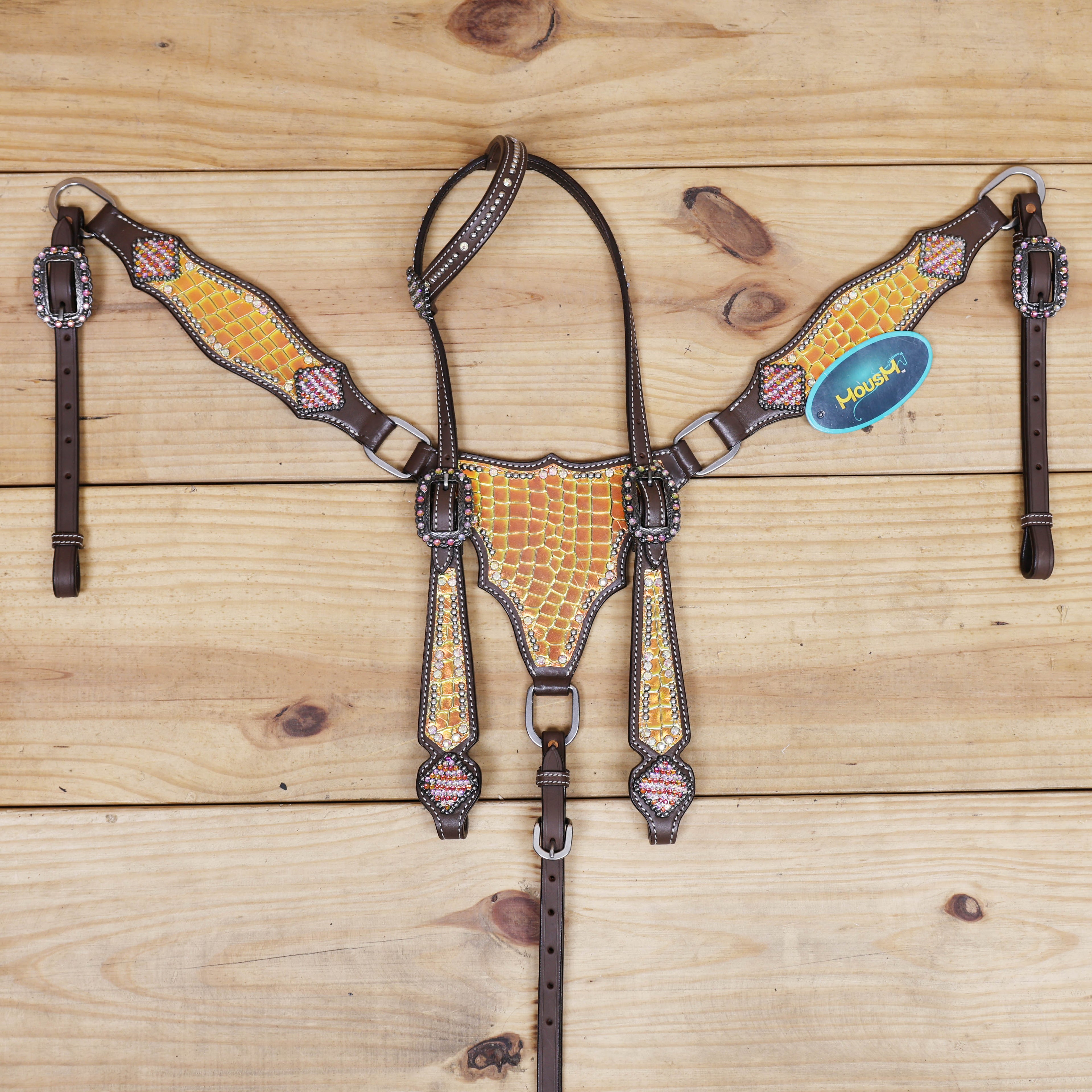 premium argentina cow leather western tack set by mousm with orange yellow alligator design