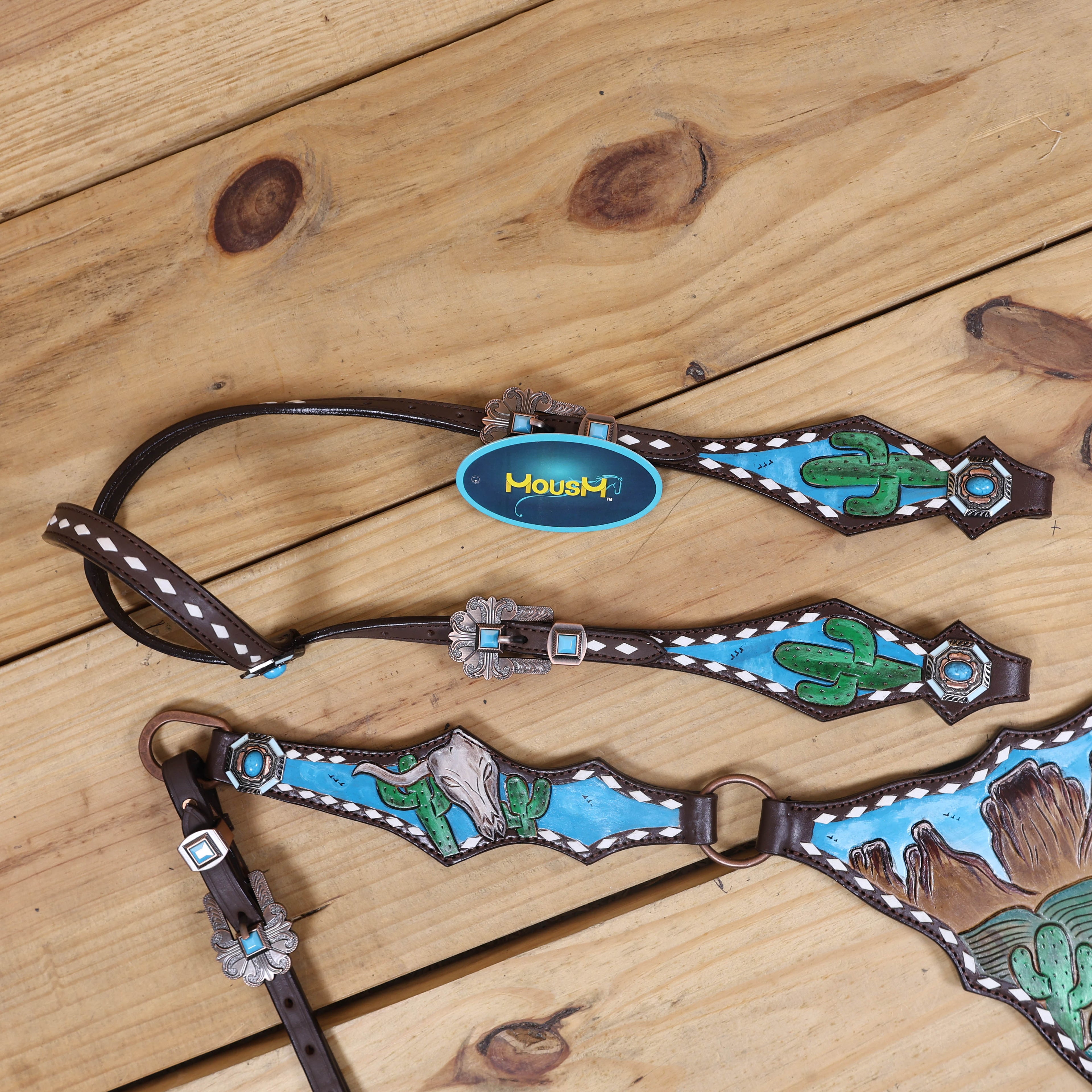 Desert Vibe Headstall Tack Set with Rawhide Buck Stitching and Gladiator-Style Breast Collar