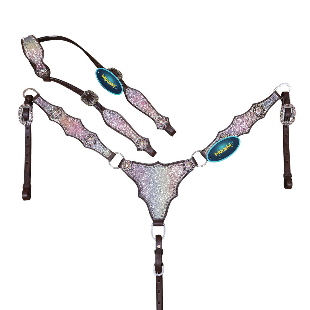 Bring vibrant Western style to your horse tack with this handcrafted headstall and breast collar set featuring a multicolor rainbow glitter alligator design