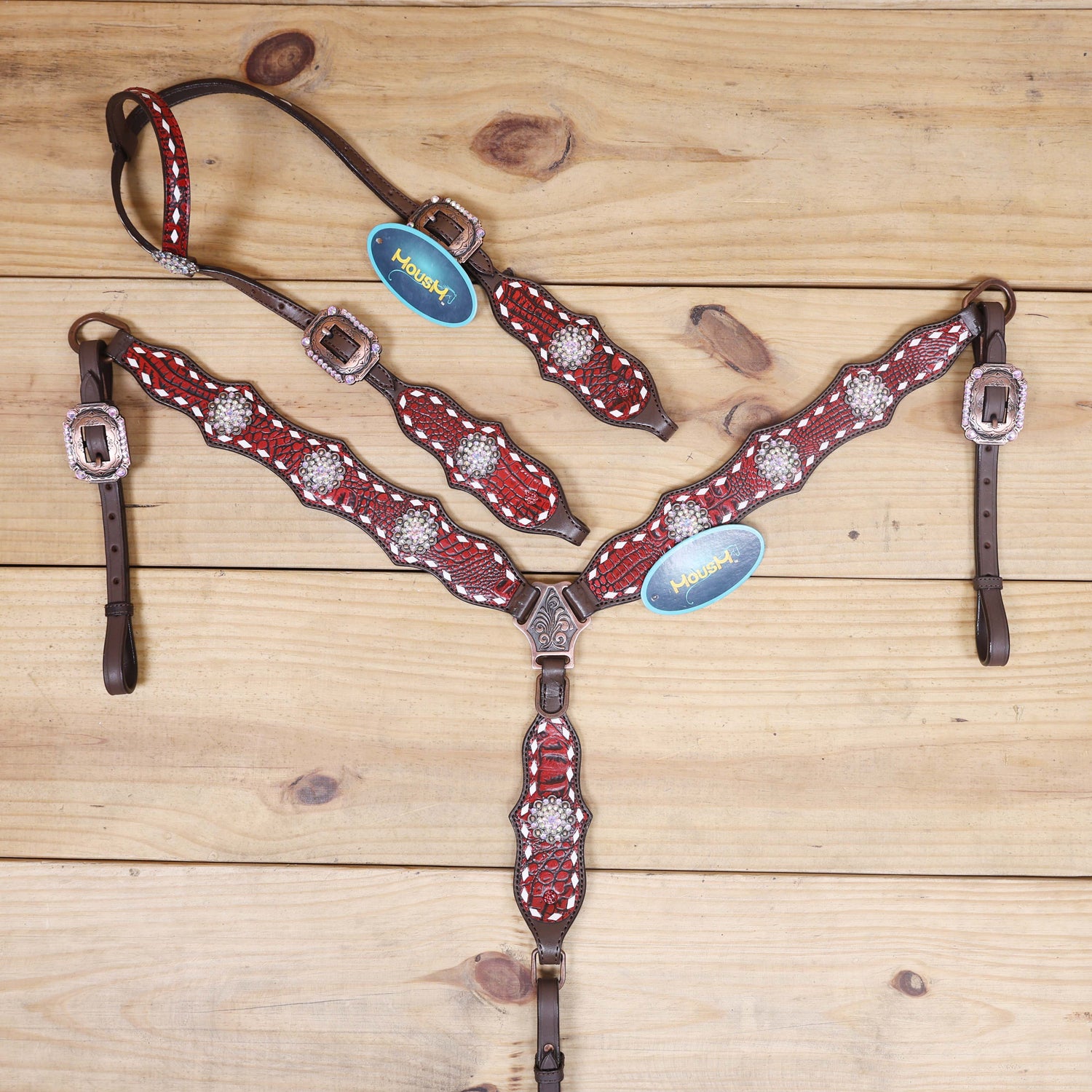 leather headstall and breast collar tack set decorated with red alligator fashion leather white rawhide buck stitching