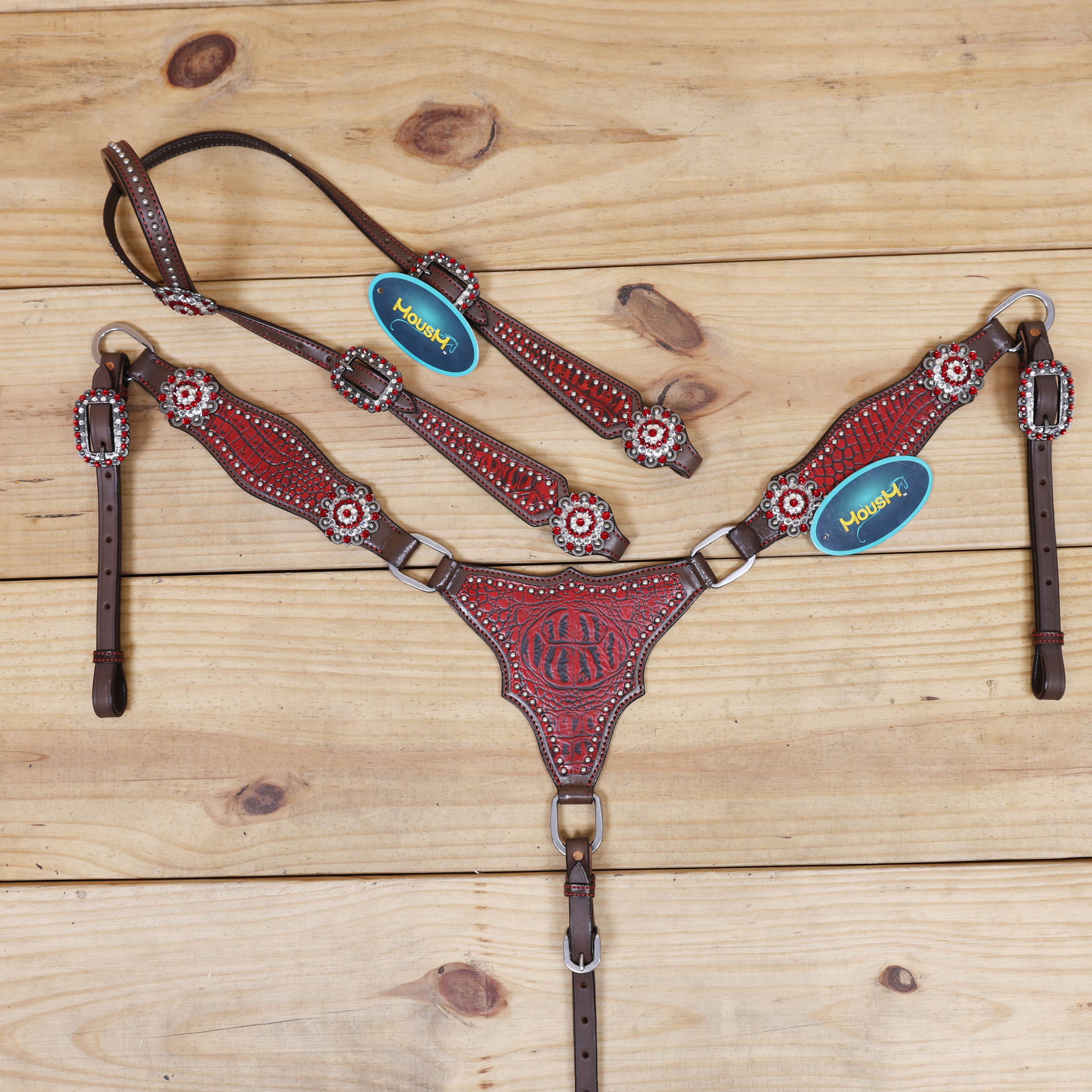 western horse tack set with red alligator printed headstall with gladiator breast collar set with silver studs