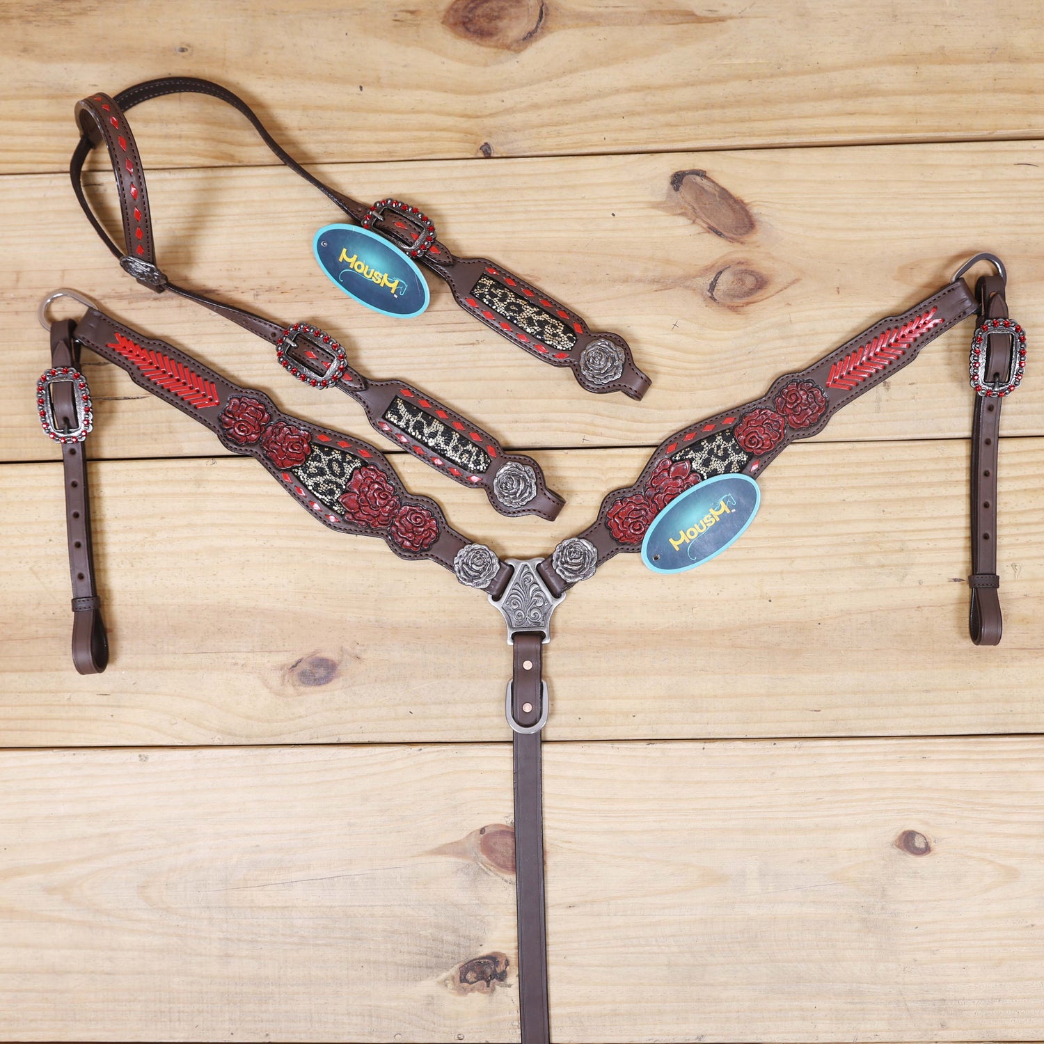 Western tack set with bold red braiding and leopard inlay