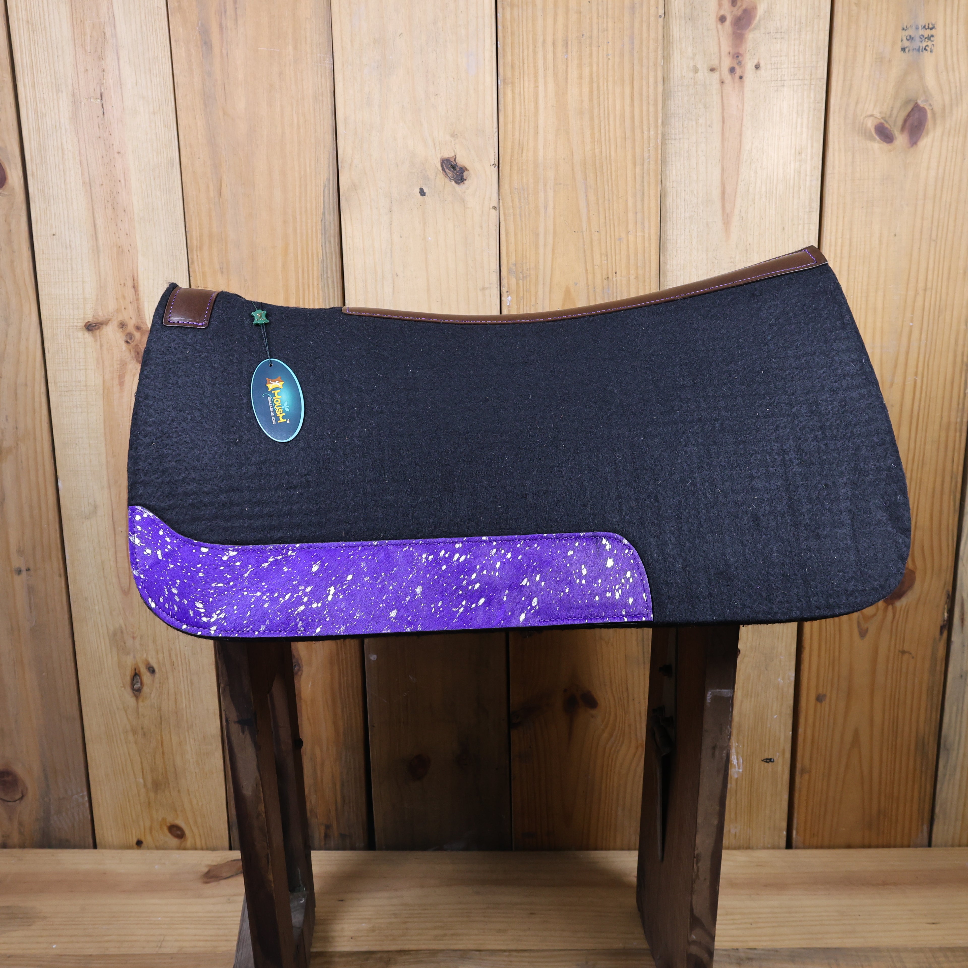 MOSUM Western Saddle Pad - Saddle Pad for Horses Synthetic Wool Blend Black Felt with Purple Acid Wash Hair on Cowhide Leather Patch, Comfort Pad for Horses.